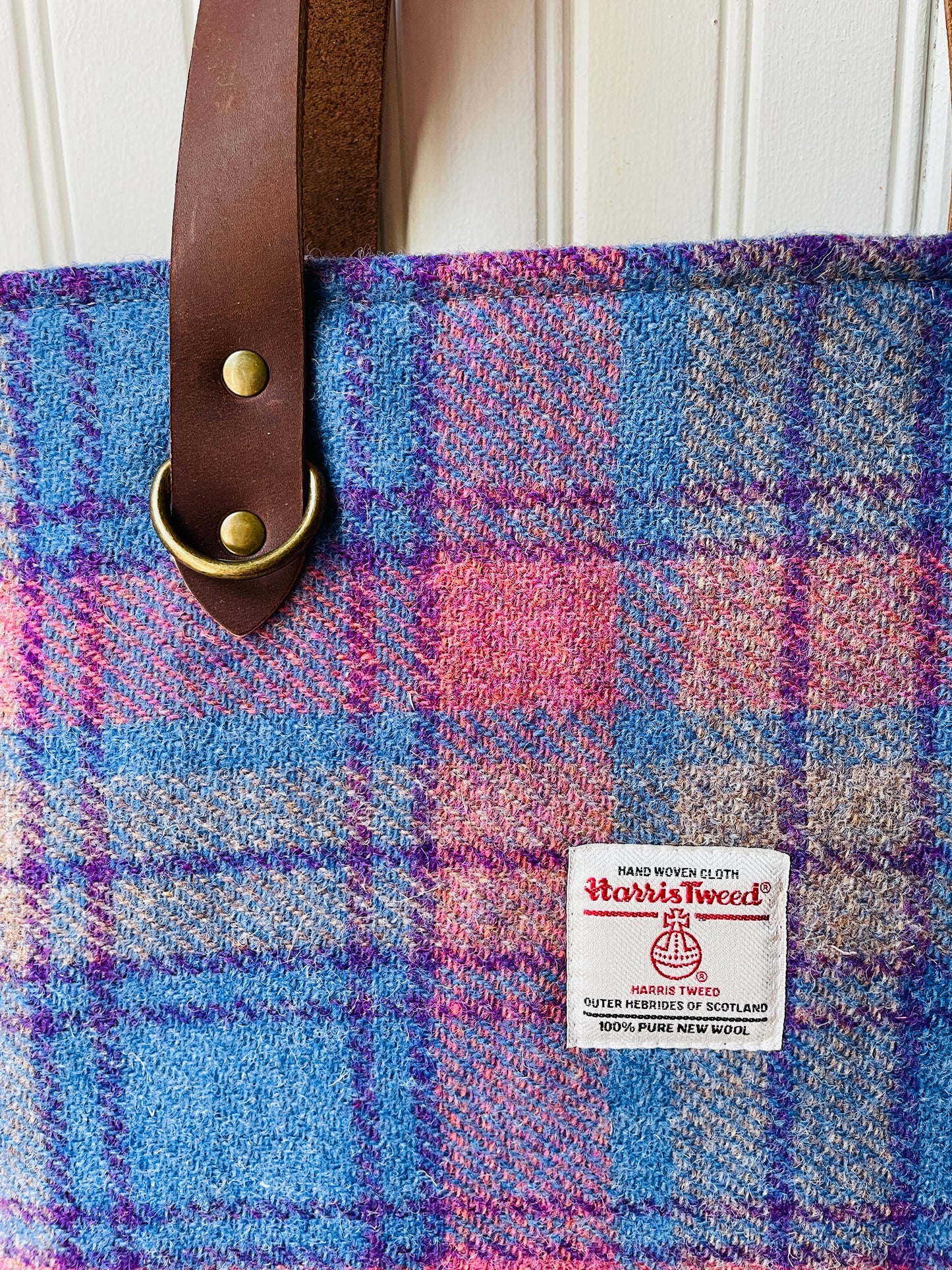 Large Harris Tweed Tote, Blue and Pink Check