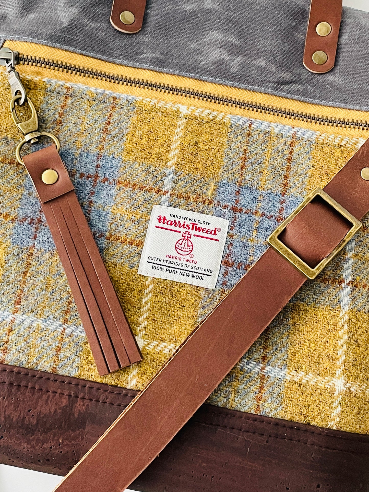 Harris Tweed Crossbody Tote, Denim and Mustard
