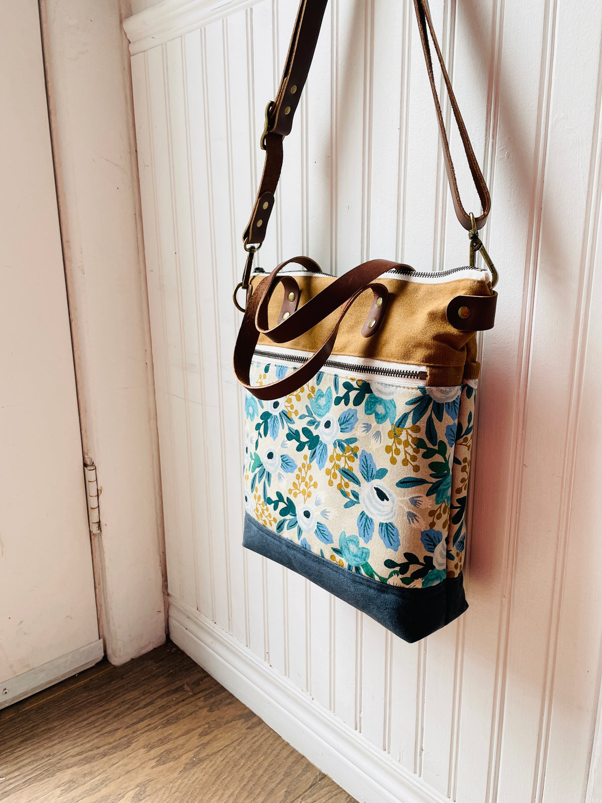 Waxed Canvas Crossbody Tote, Blue Rosa