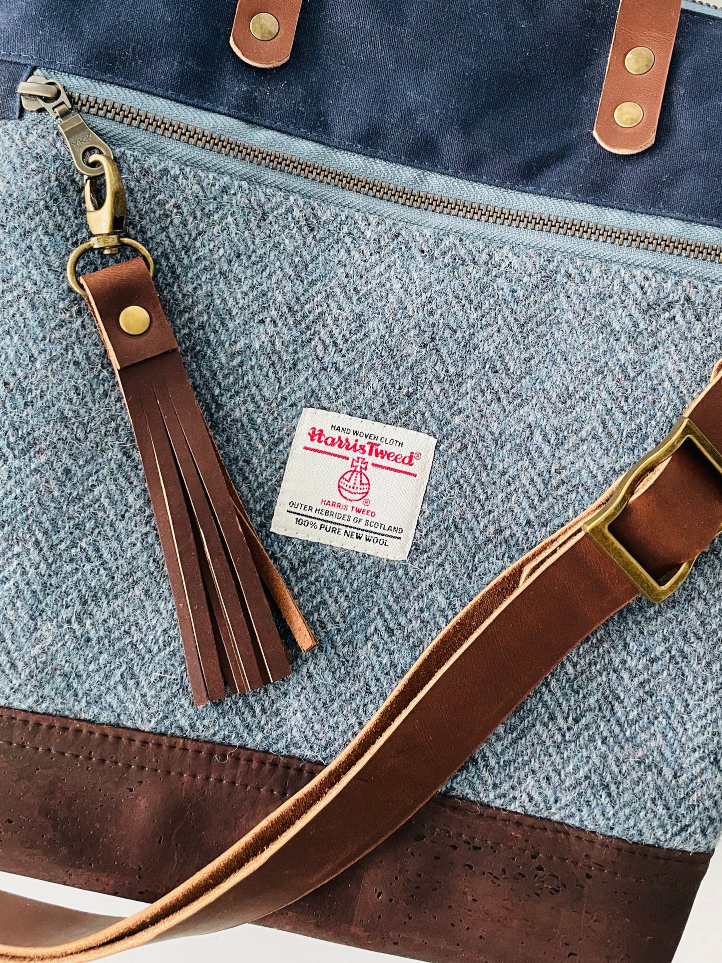 Harris Tweed Crossbody Tote, Blue Herringbone