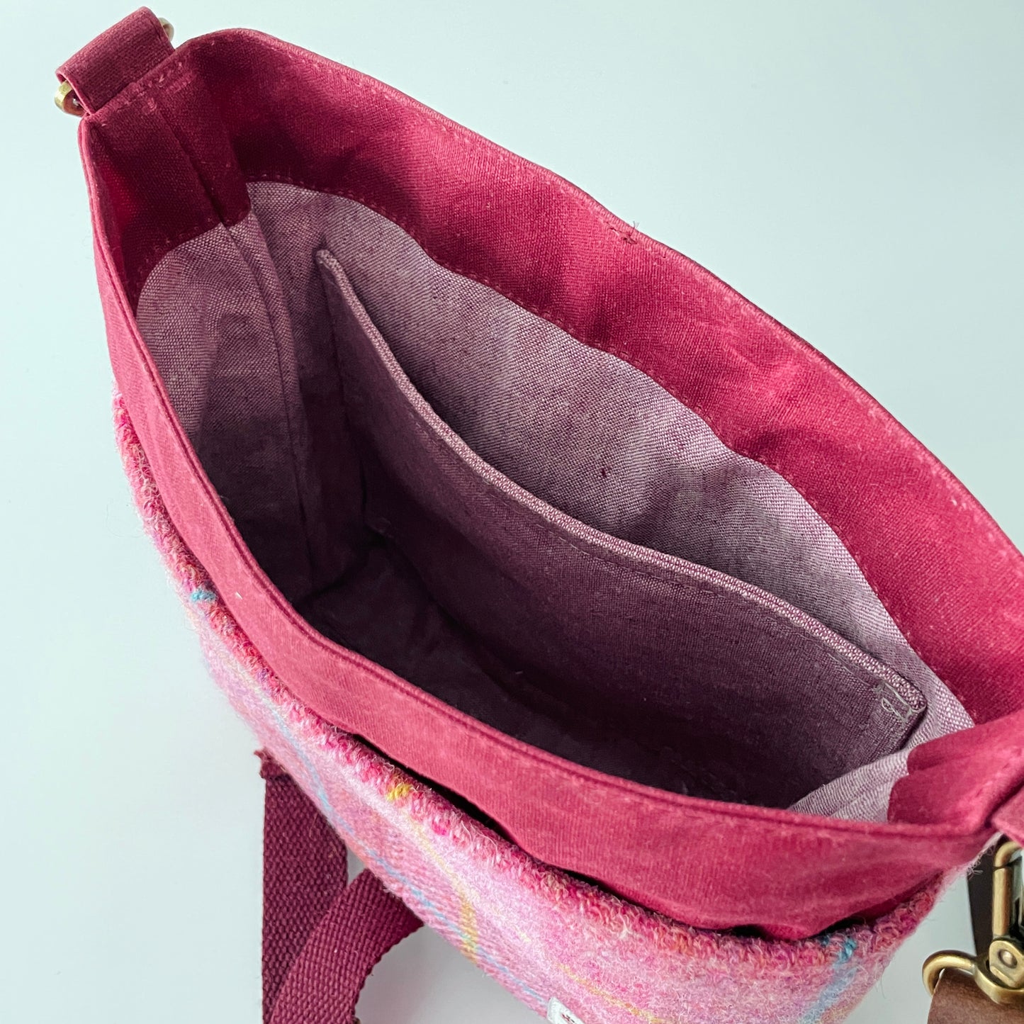 Small Harris Tweed Satchel, Pink and Burgundy