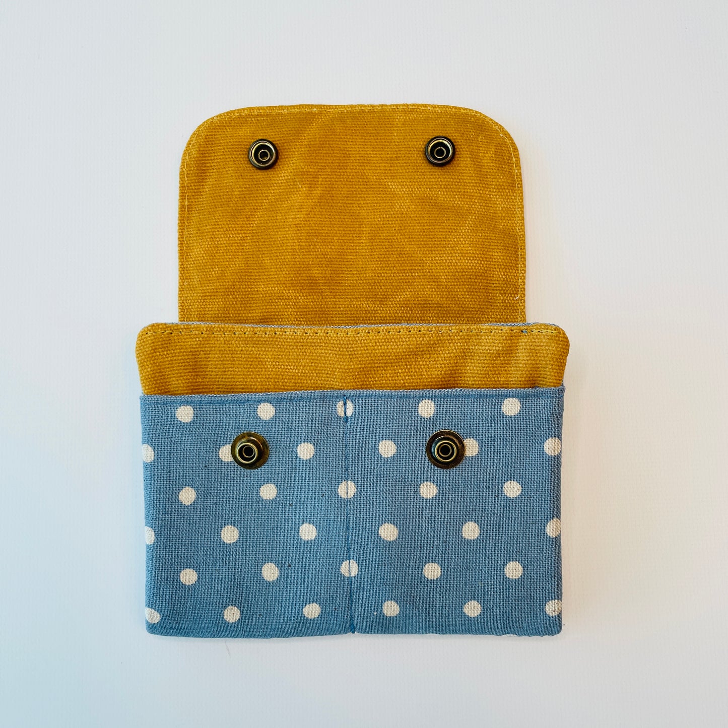 Canvas Wallet, Mustard/Blue Polka Dot