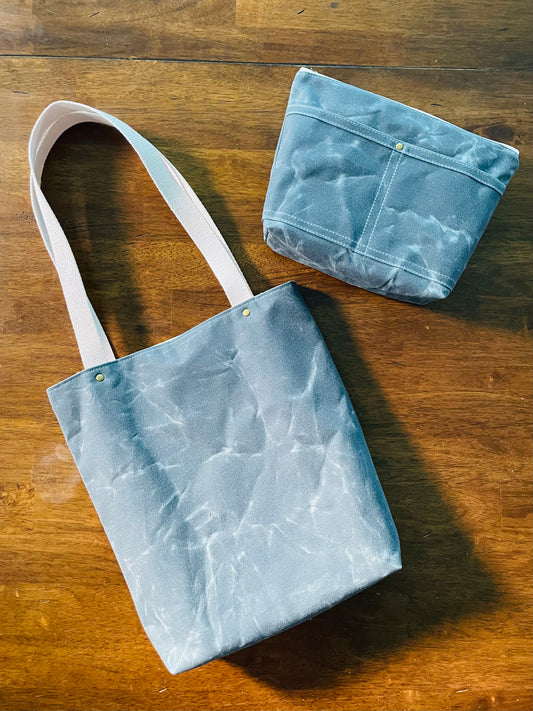 Waxed Canvas Tote Bag and Pouch, Slate Blue