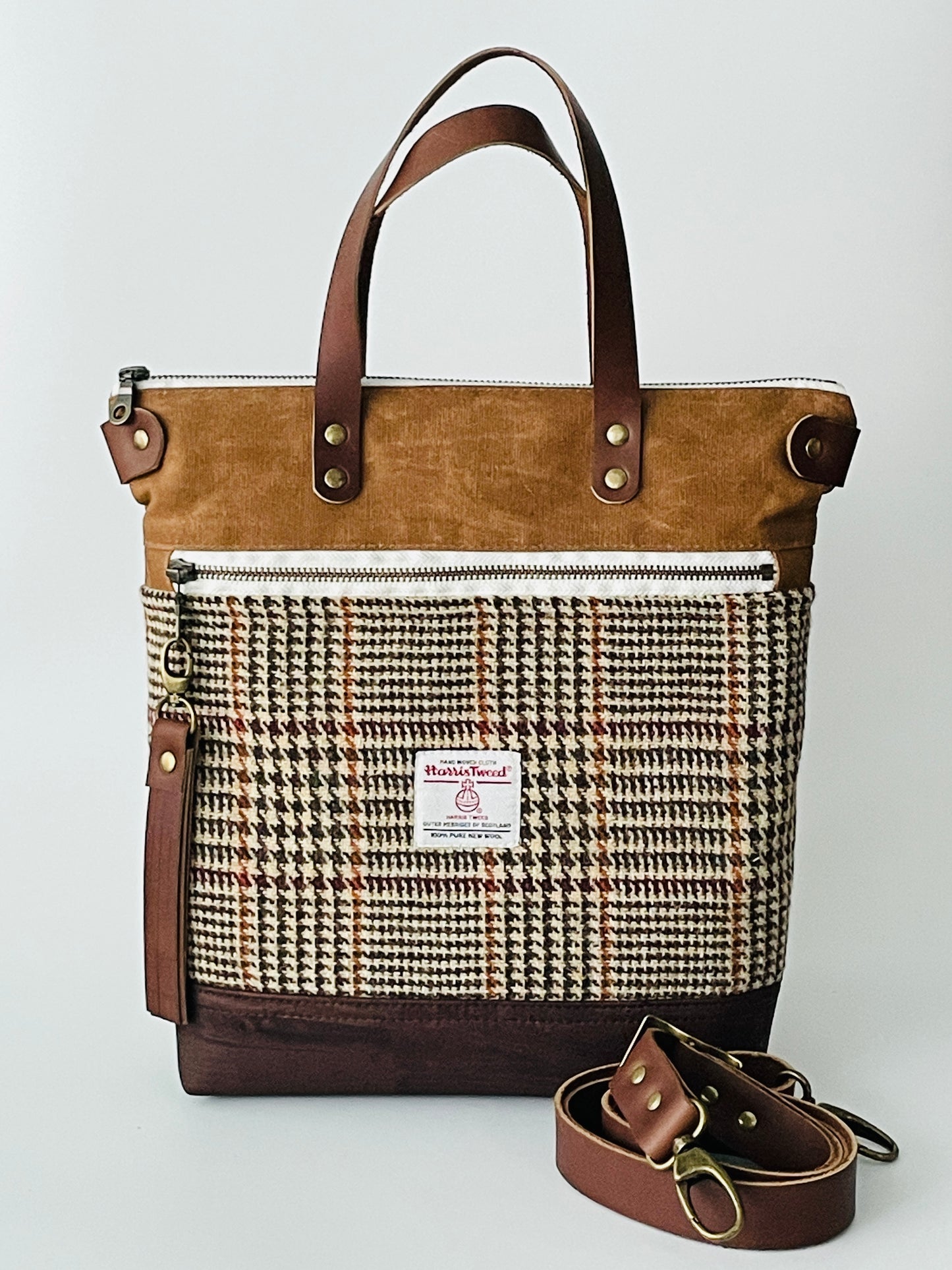 Harris Tweed Crossbody Tote, Brown and Beige Check
