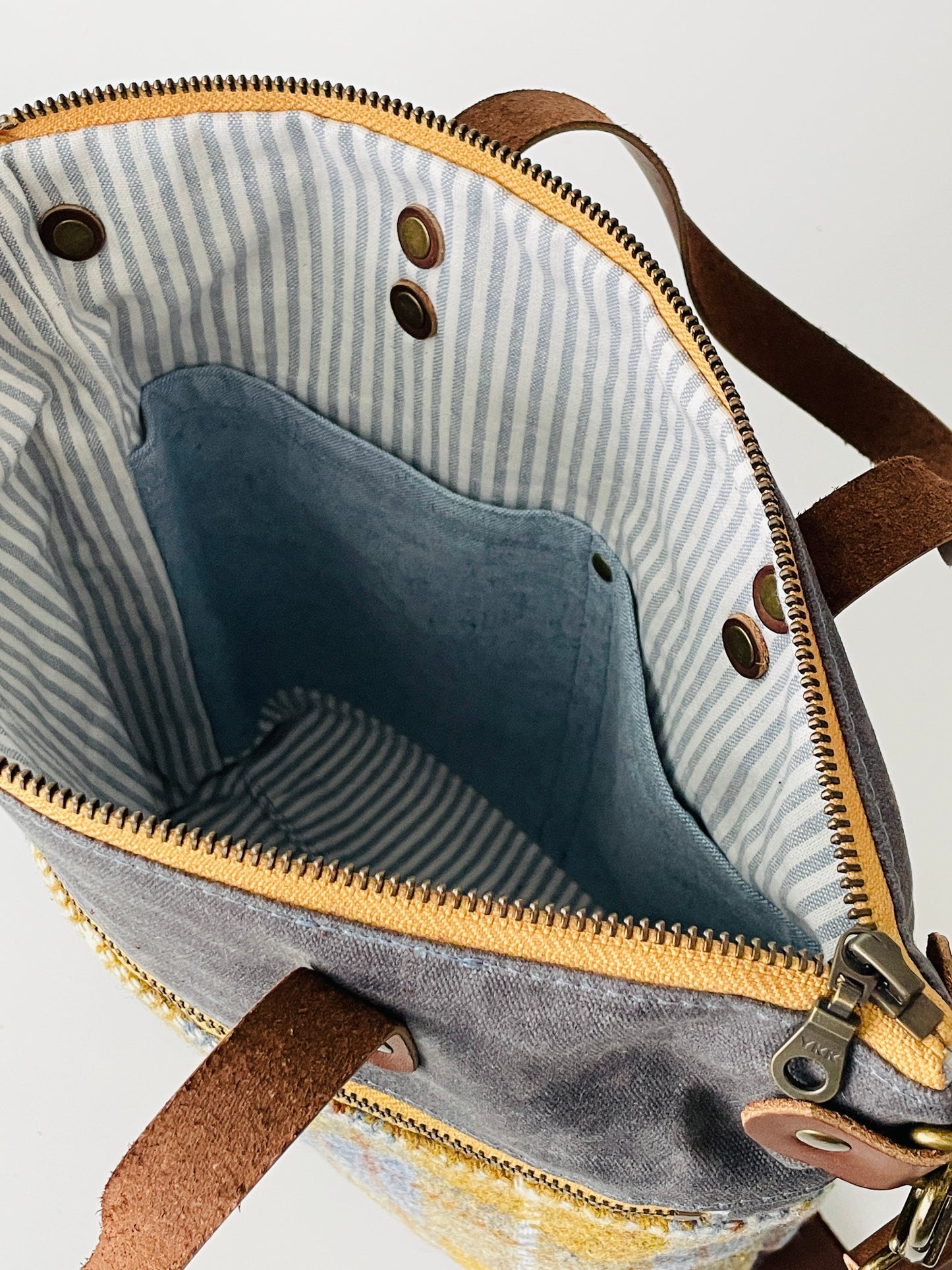 Harris Tweed Crossbody Tote, Denim and Mustard