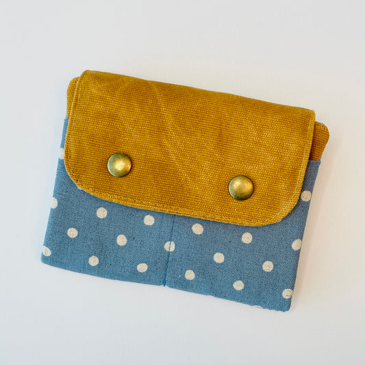 Canvas Wallet, Mustard/Blue Polka Dot