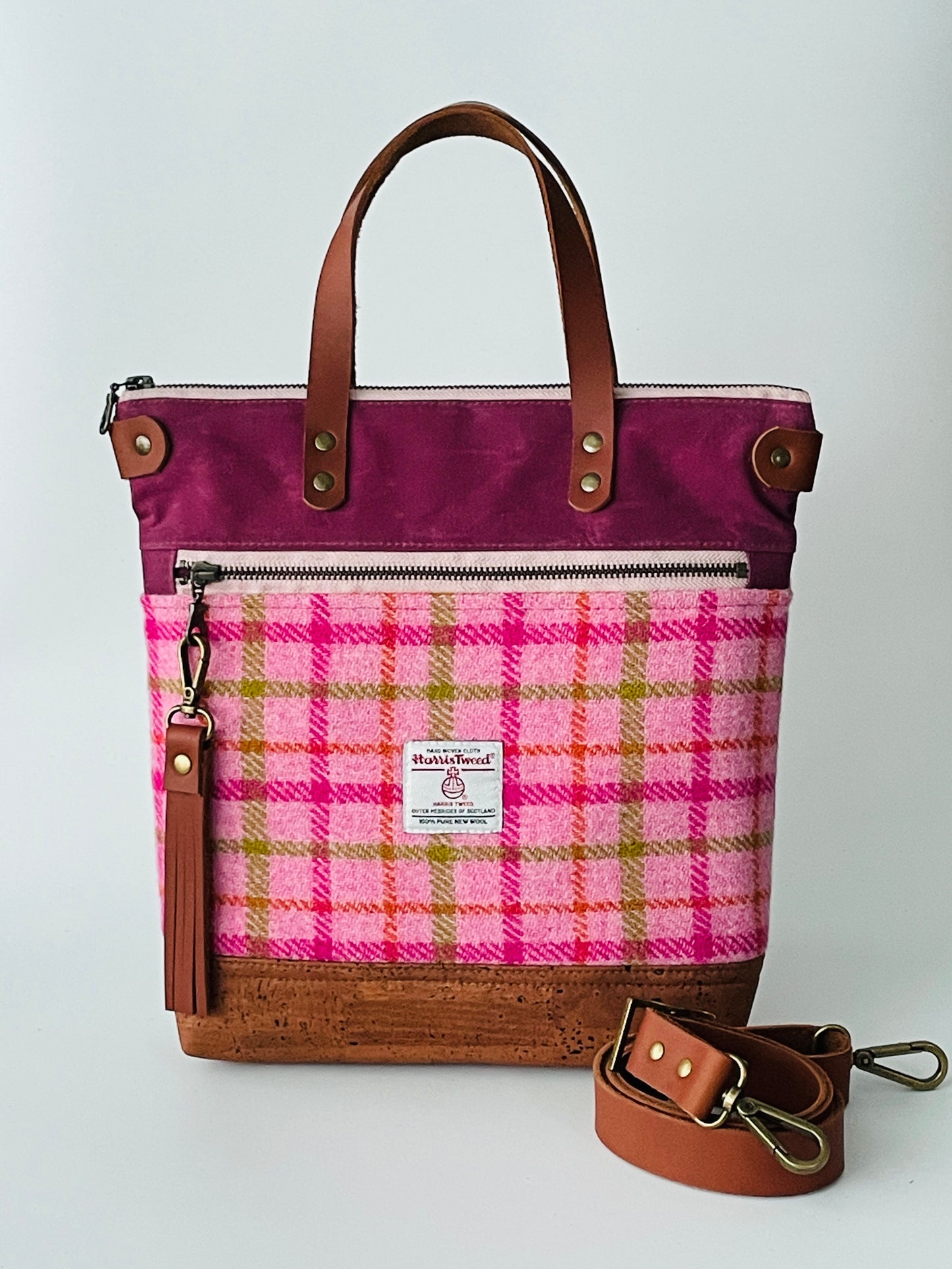 Harris Tweed Crossbody Tote, Pink Check