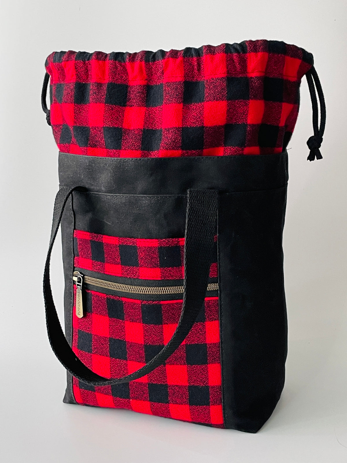 Waxed Canvas and Flannel Project Tote, Black and Red Check