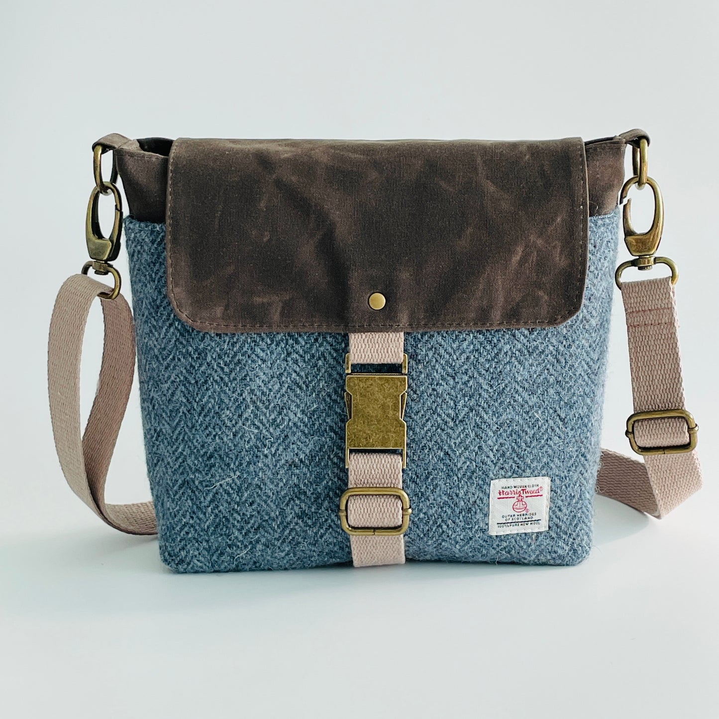 Small Harris Tweed Satchel, Blue Herringbone