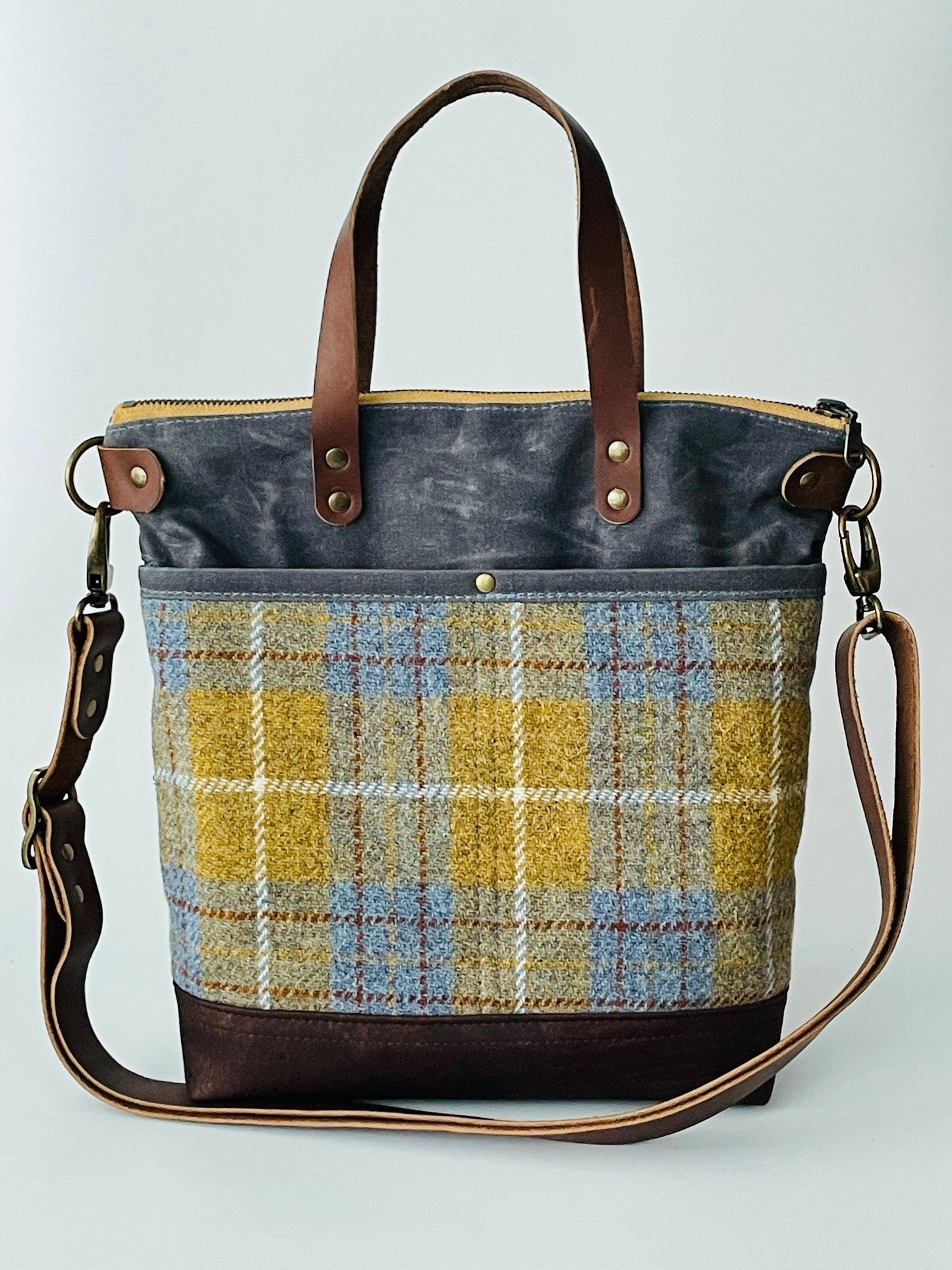 Harris Tweed Crossbody Tote, Denim and Mustard