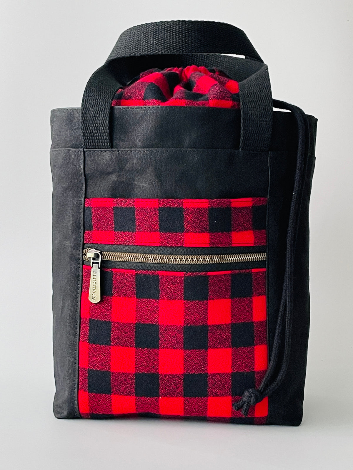 Waxed Canvas and Flannel Project Tote, Black and Red Check