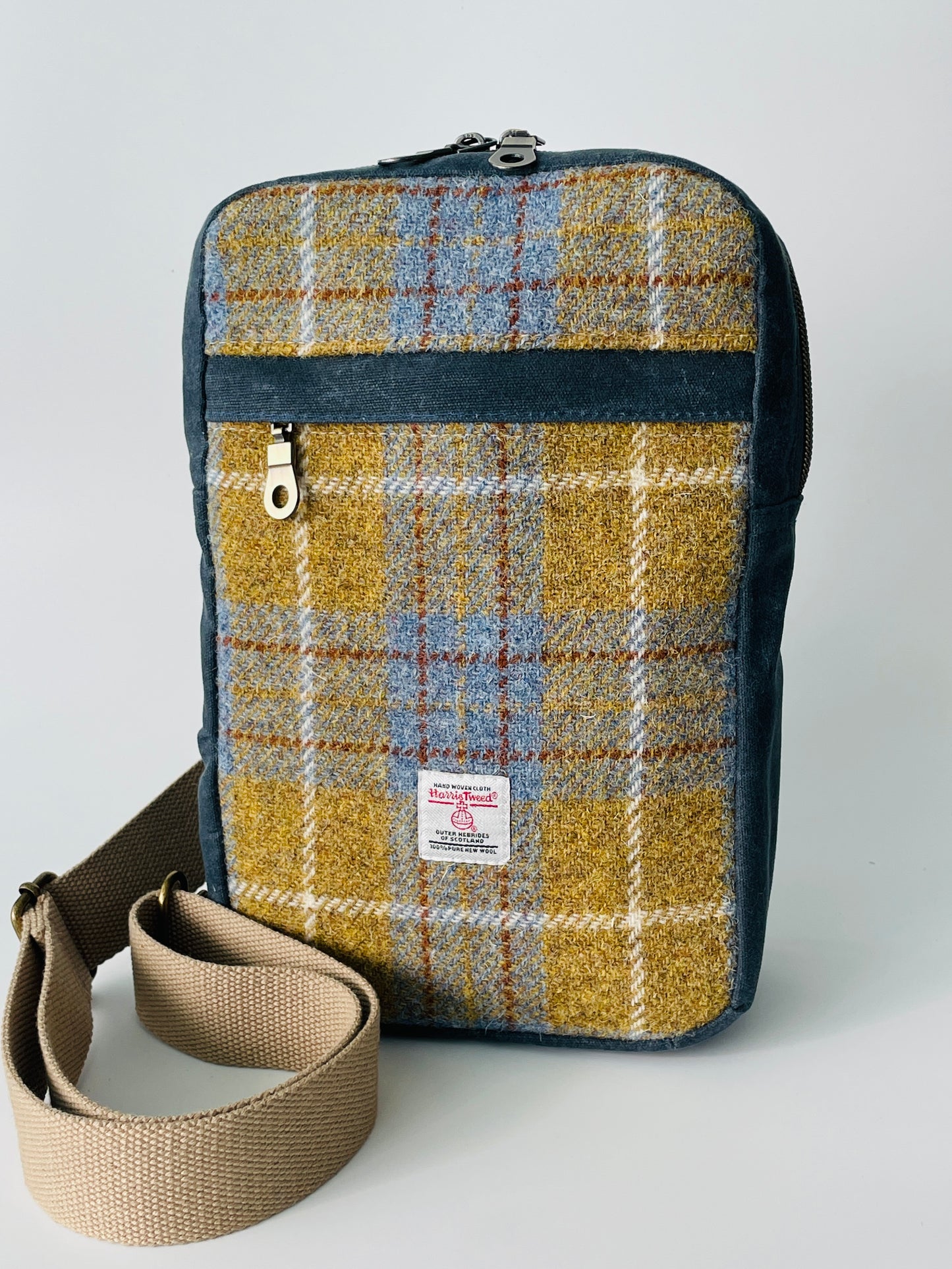 Harris Tweed Sling Backpack, Denim and Mustard