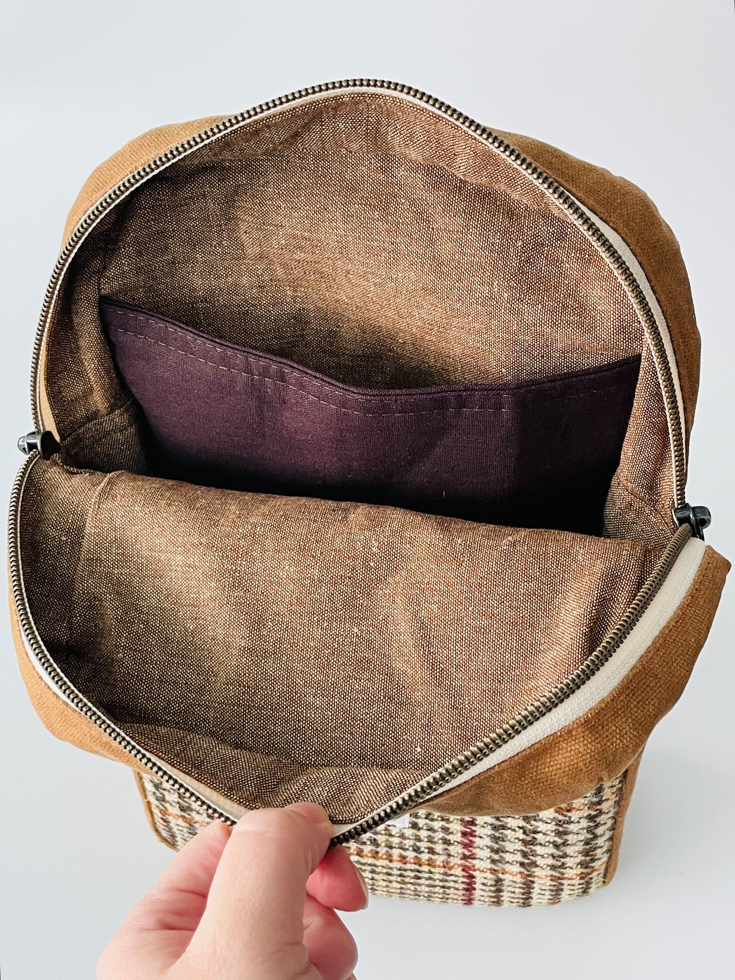 Harris Tweed Sling Backpack, Brown and Beige Check