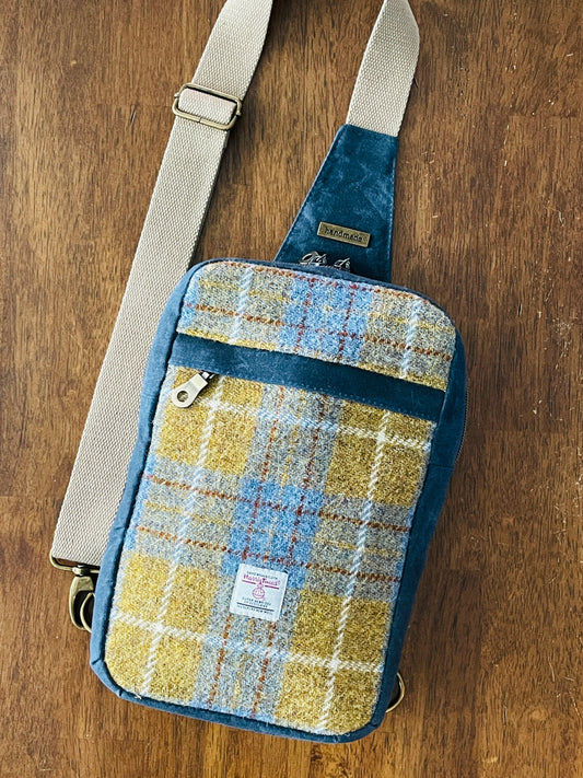 Harris Tweed Sling Backpack, Denim and Mustard