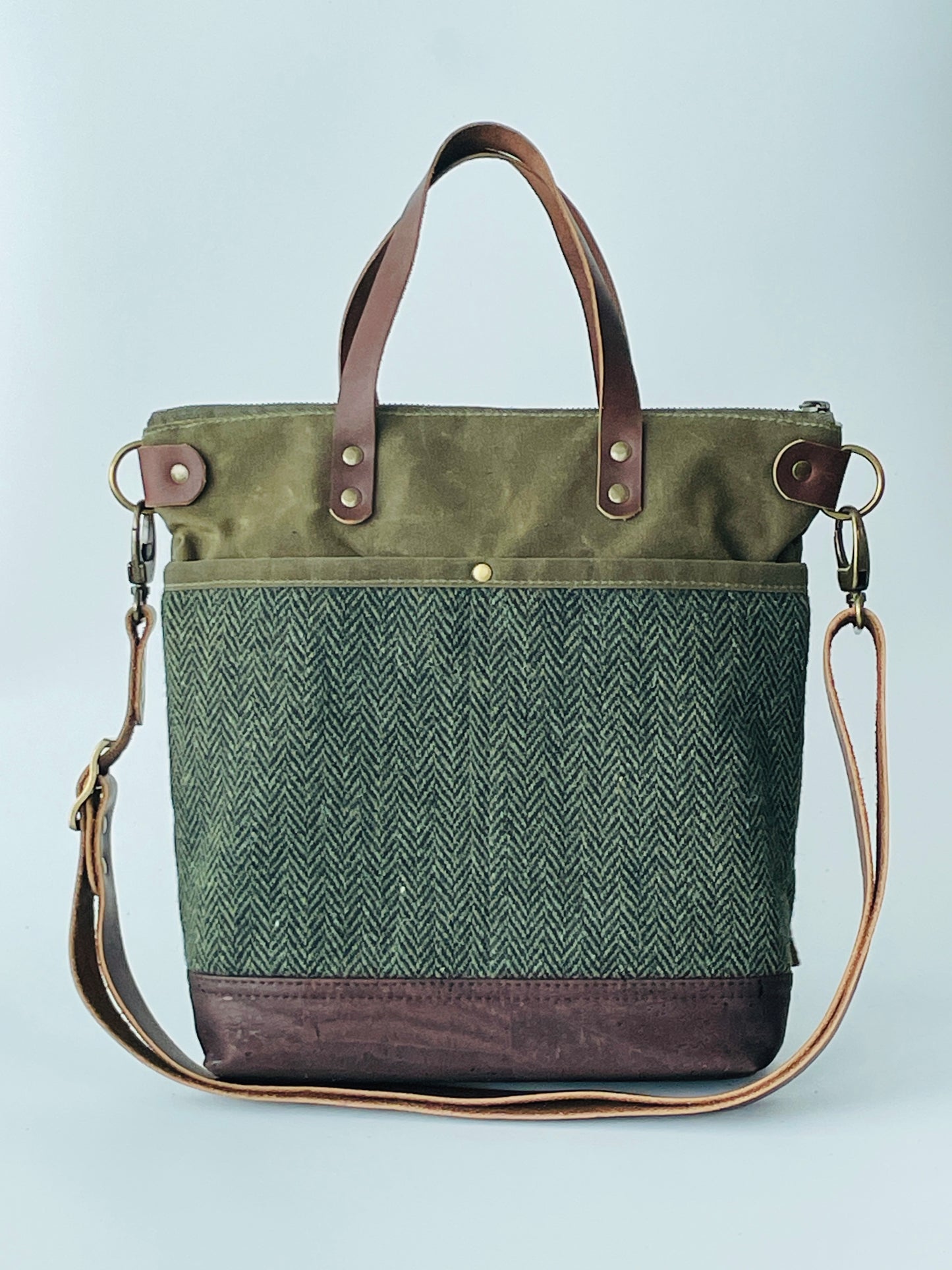 Harris Tweed Crossbody Tote, Hunter Green Herringbone