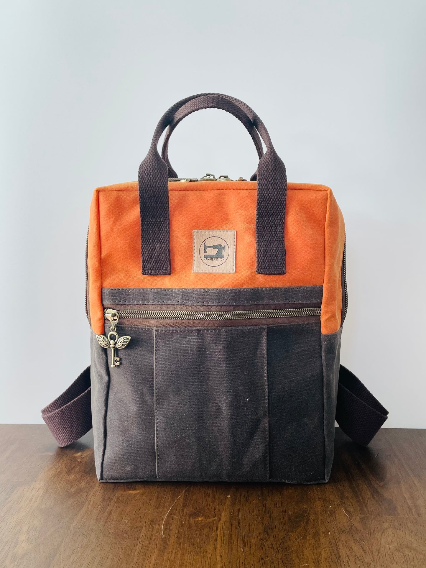 Mini Waxed Canvas Backpack, Orange and Brown