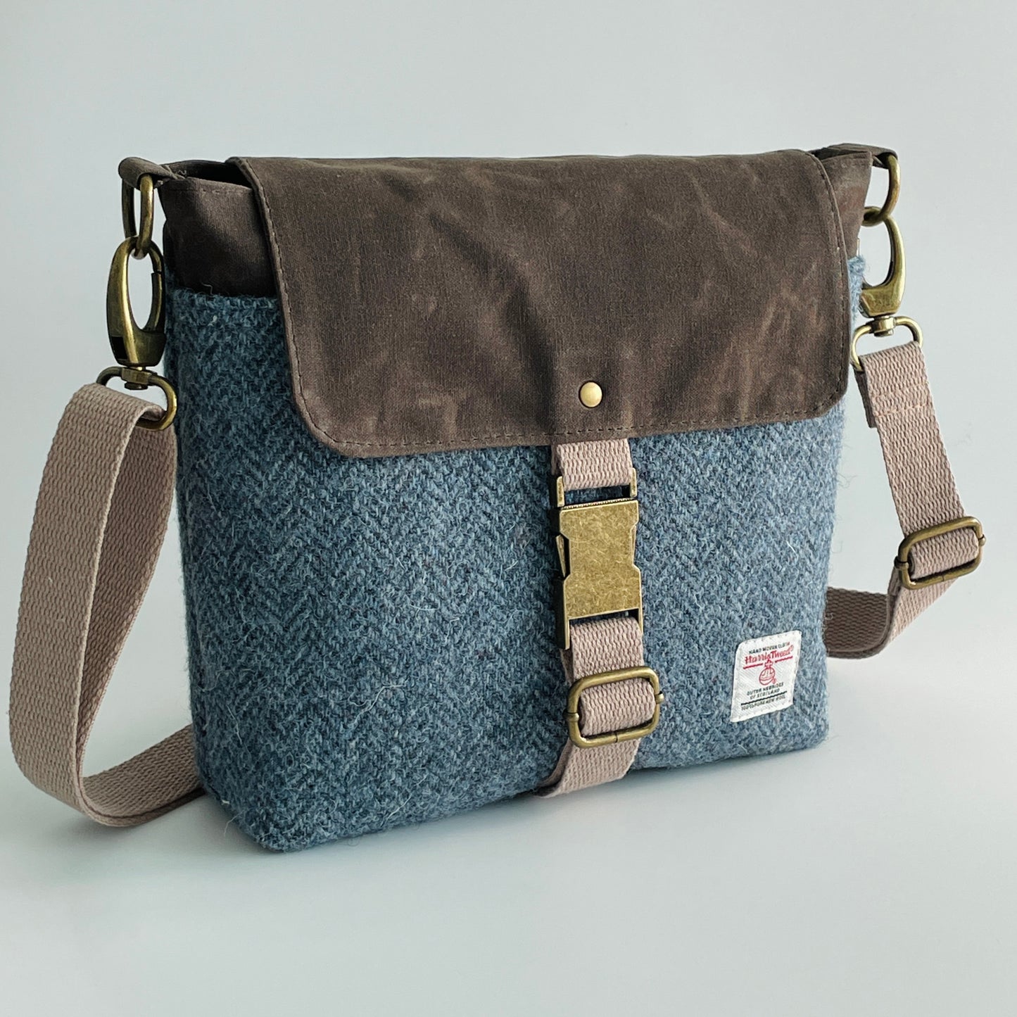 Small Harris Tweed Satchel, Blue Herringbone