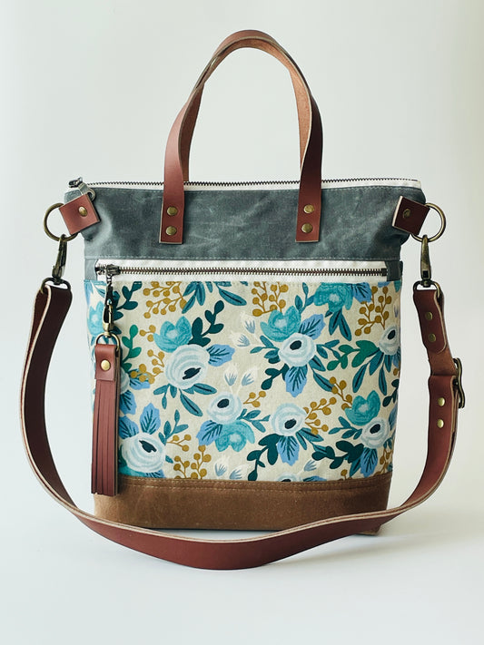 Waxed Canvas Crossbody Tote, Blue Rosa