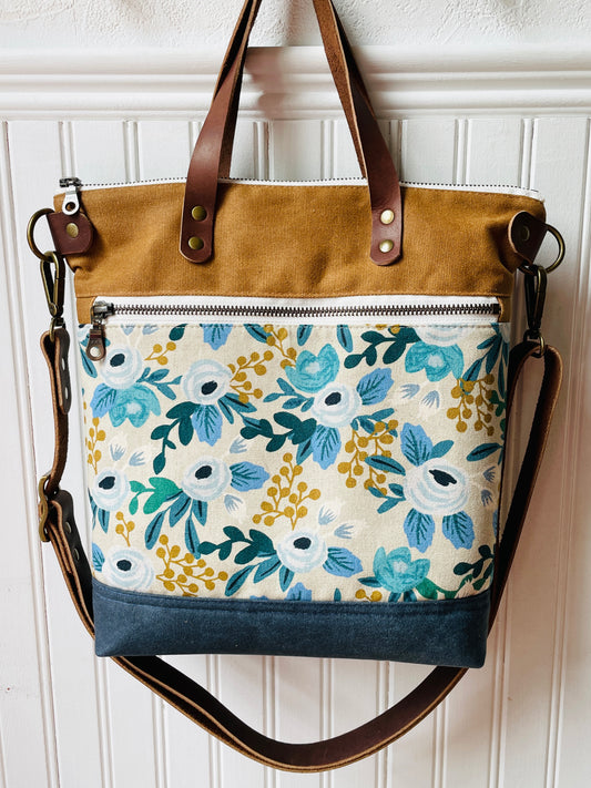 Waxed Canvas Crossbody Tote, Blue Rosa