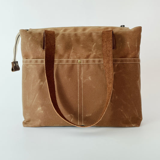 Large Waxed Canvas Zipper Tote, Field Tan
