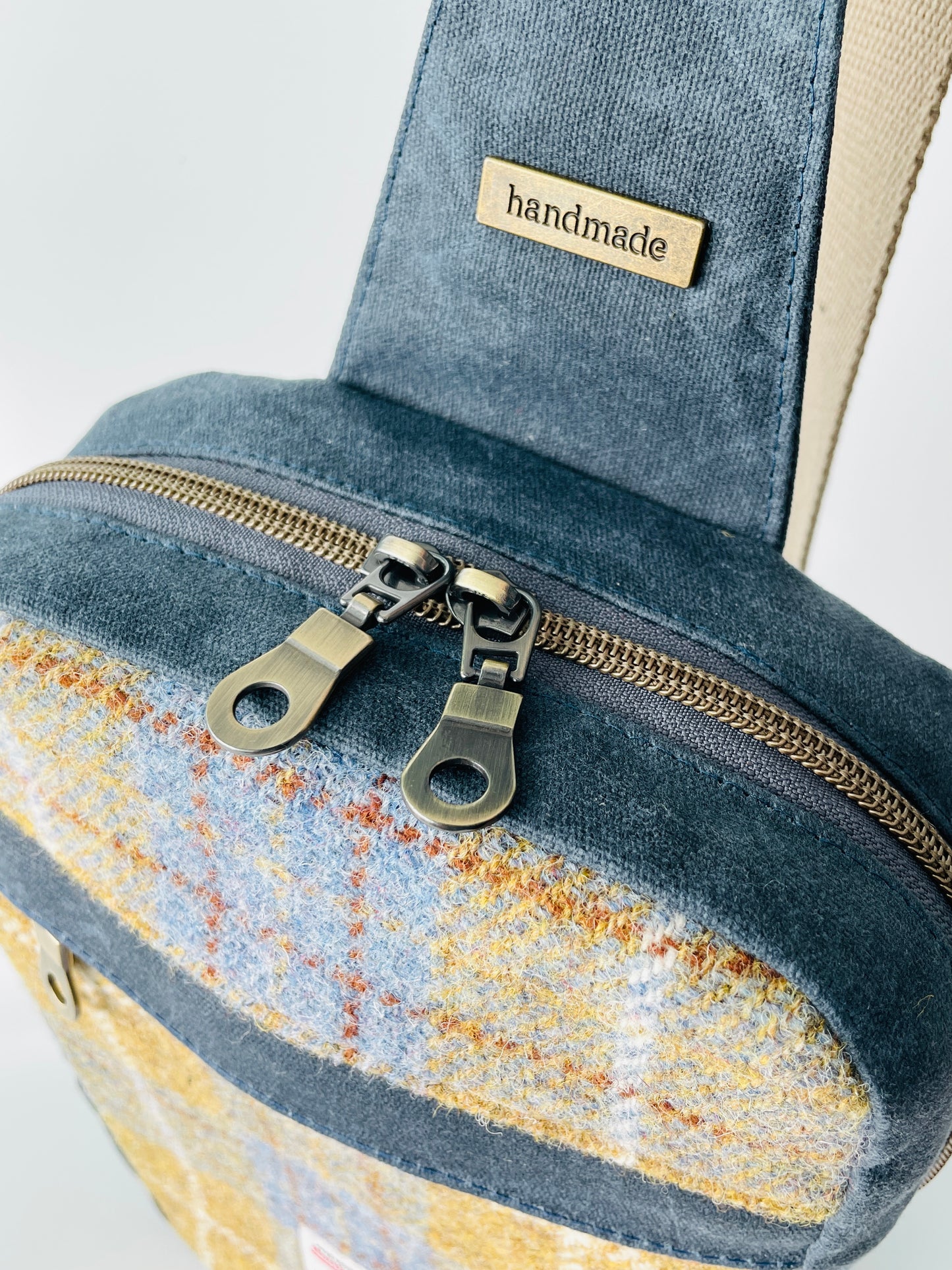 Harris Tweed Sling Backpack, Denim and Mustard