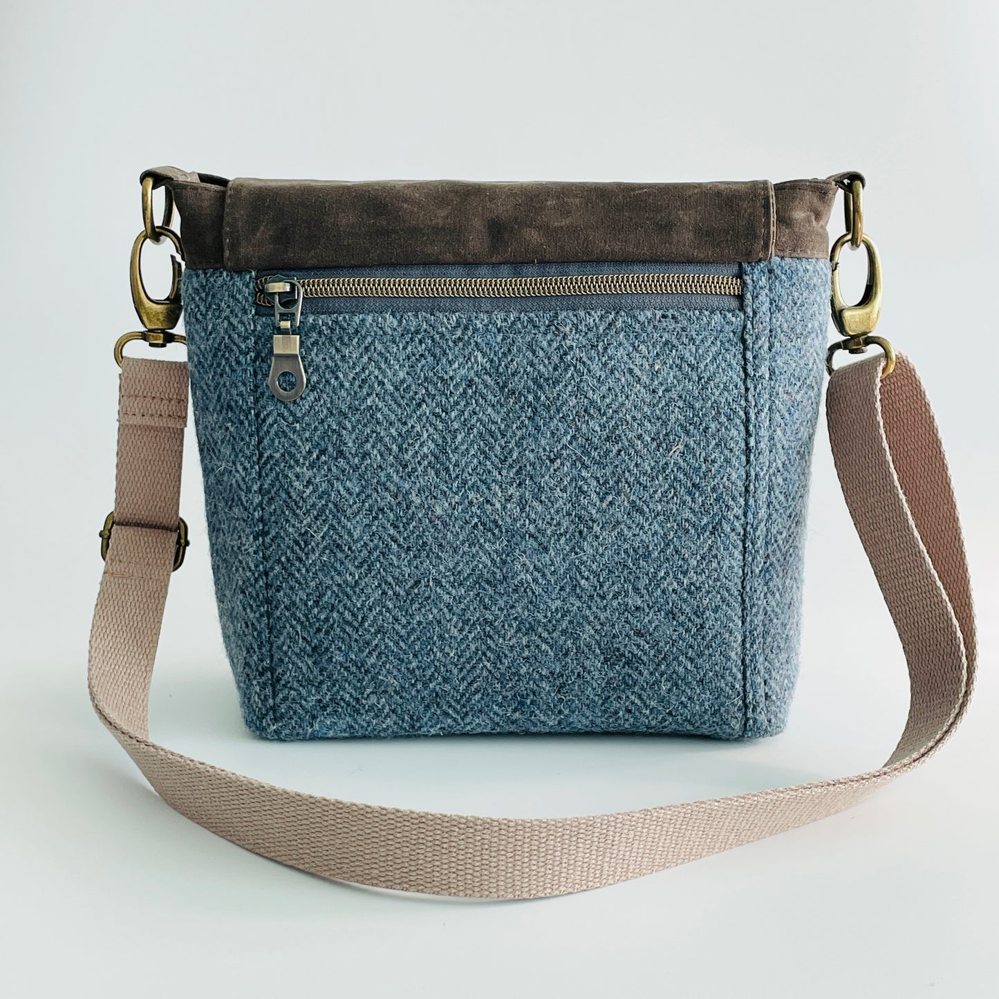 Small Harris Tweed Satchel, Blue Herringbone