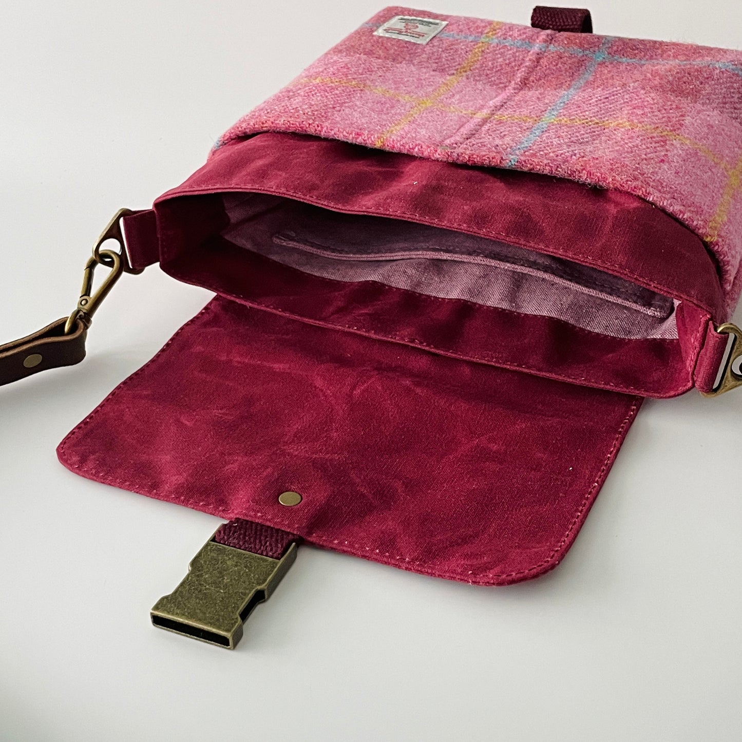 Small Harris Tweed Satchel, Pink and Burgundy