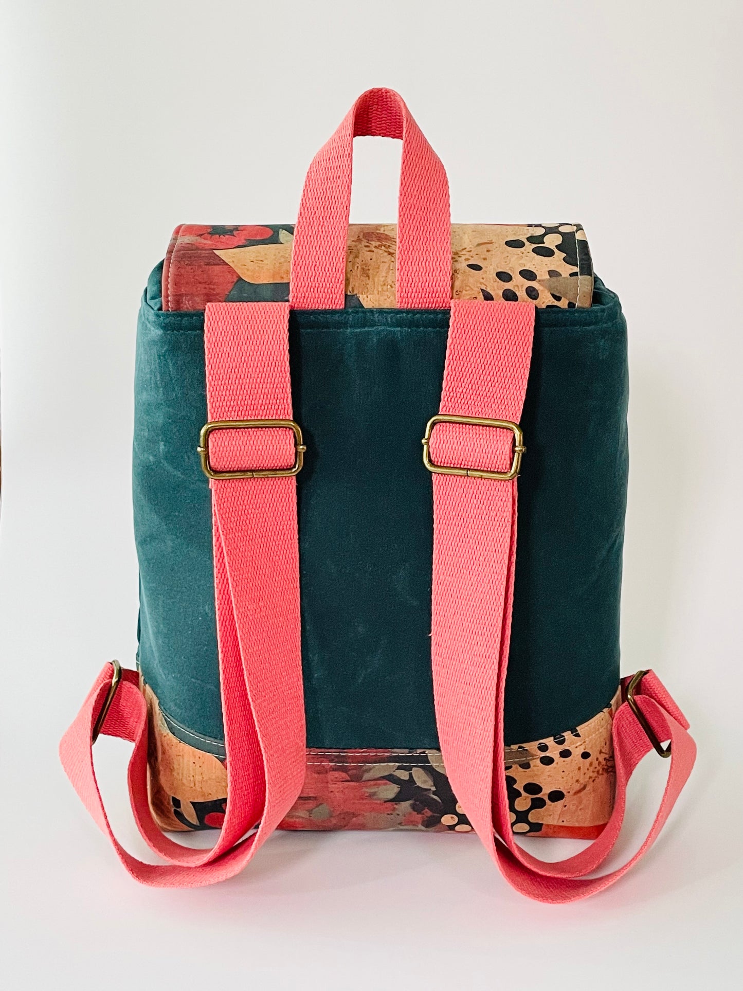 Canvas Backpack, Teal with Printed Cork