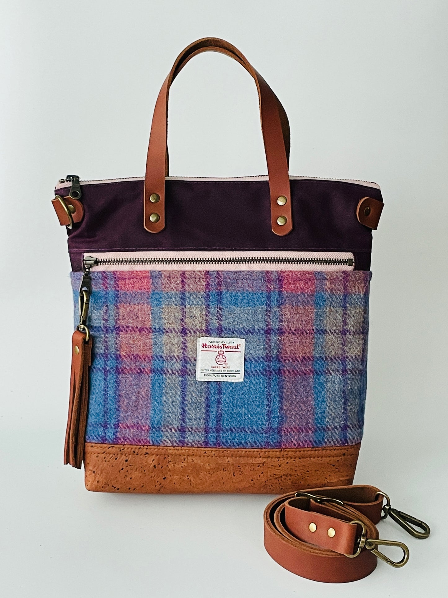 Harris Tweed Crossbody Tote, Purple and Blue Check