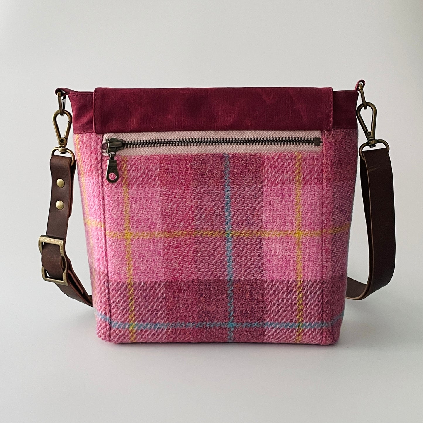 Small Harris Tweed Satchel, Pink and Burgundy