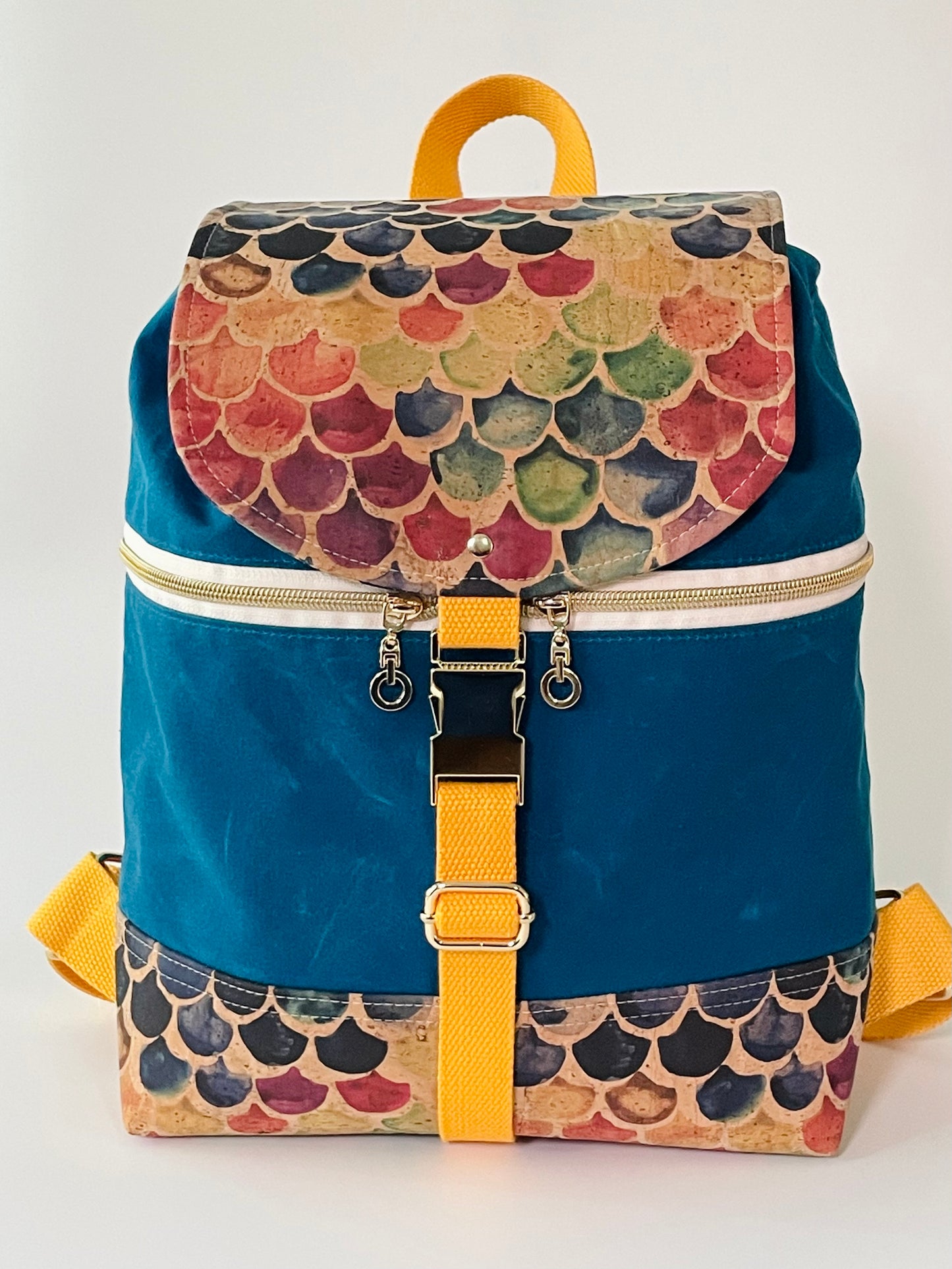 Canvas Backpack, Lagoon Blue with Printed Cork