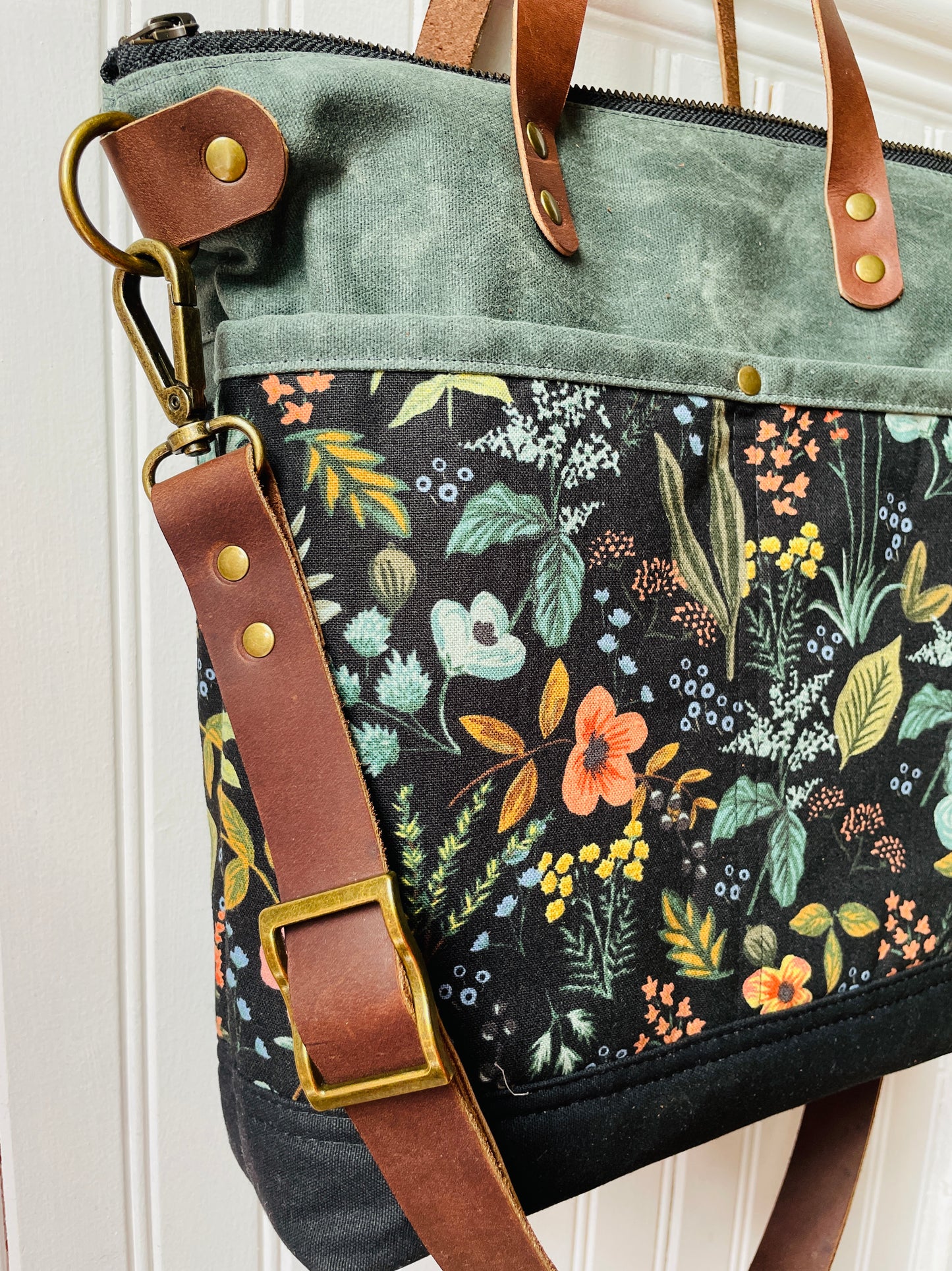 Waxed Canvas Crossbody Tote, Herb Garden
