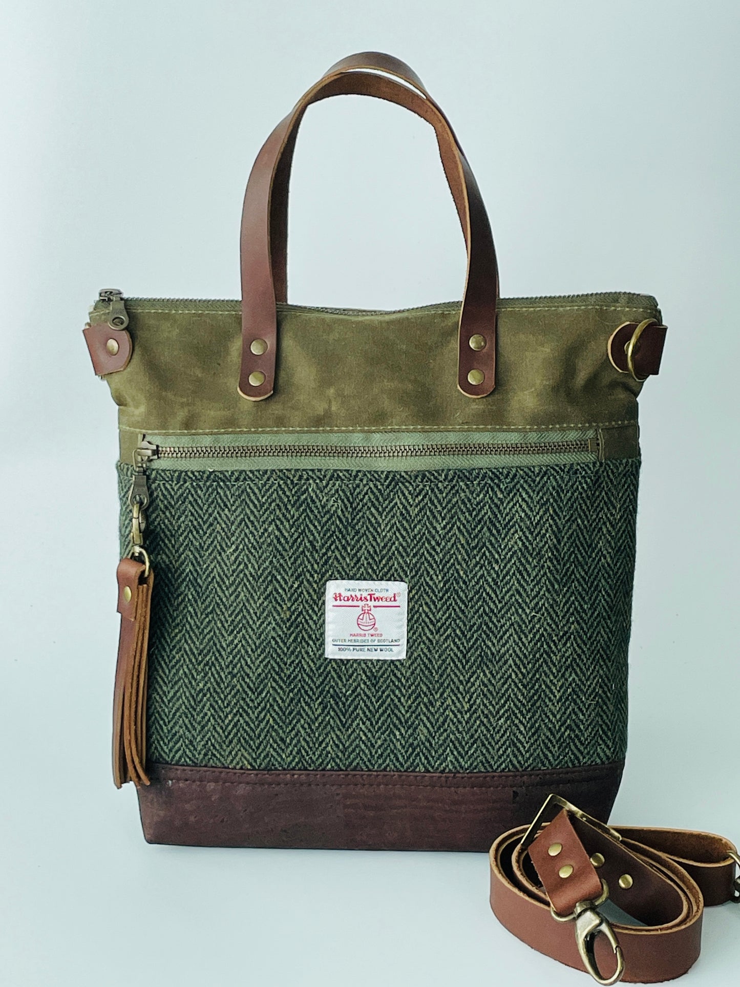 Harris Tweed Crossbody Tote, Hunter Green Herringbone