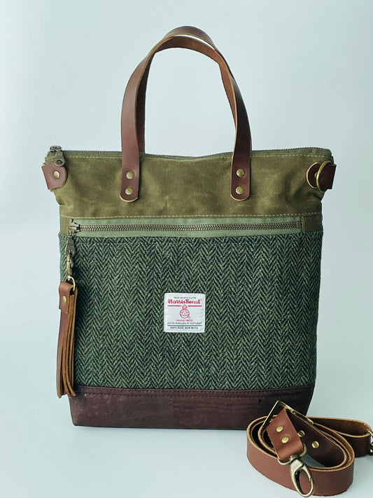 Harris Tweed Crossbody Tote, Hunter Green Herringbone