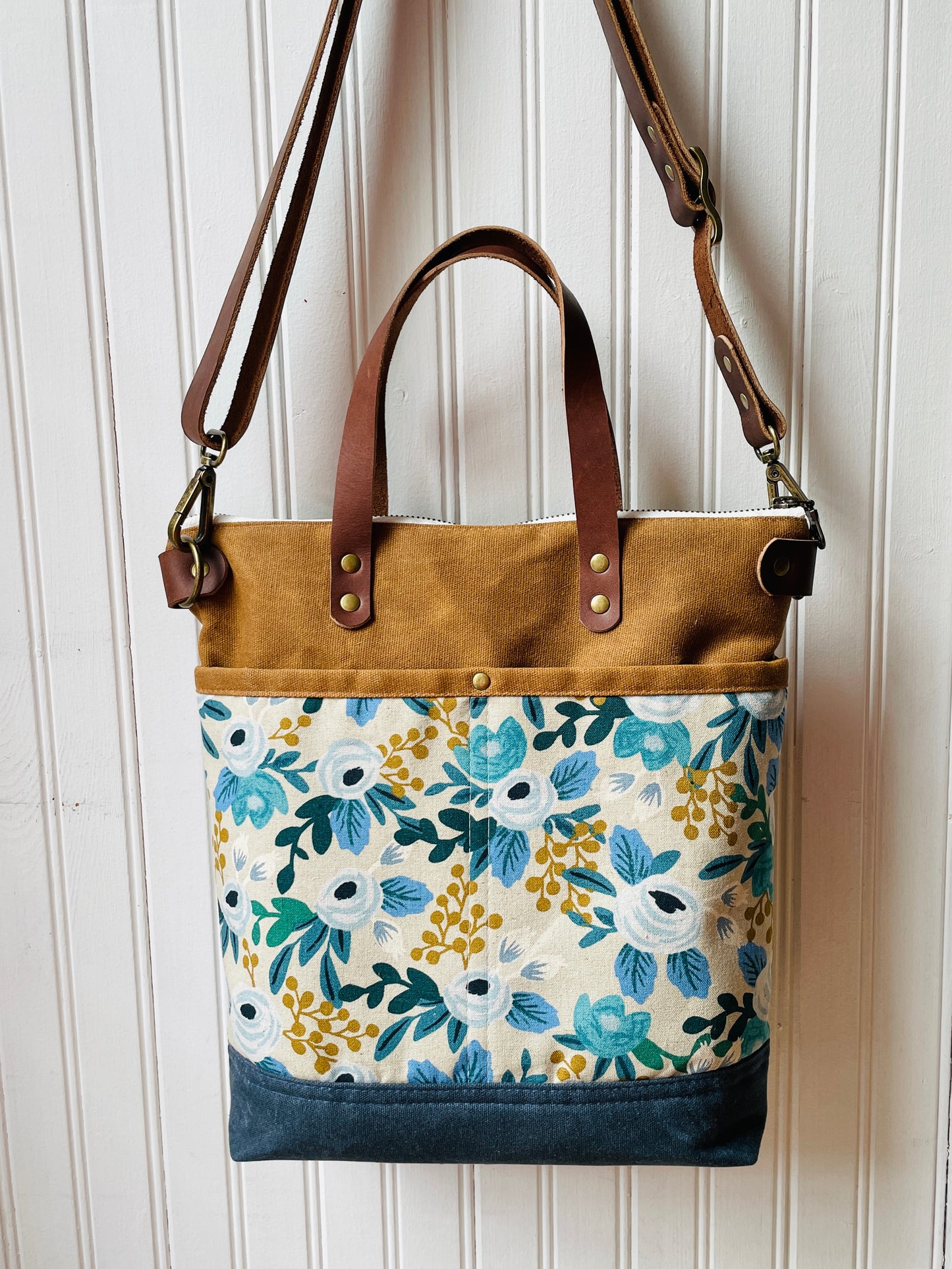 Waxed Canvas Crossbody Tote, Blue Rosa