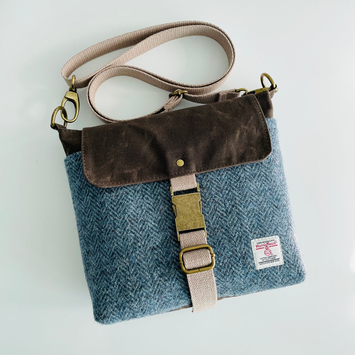 Small Harris Tweed Satchel, Blue Herringbone