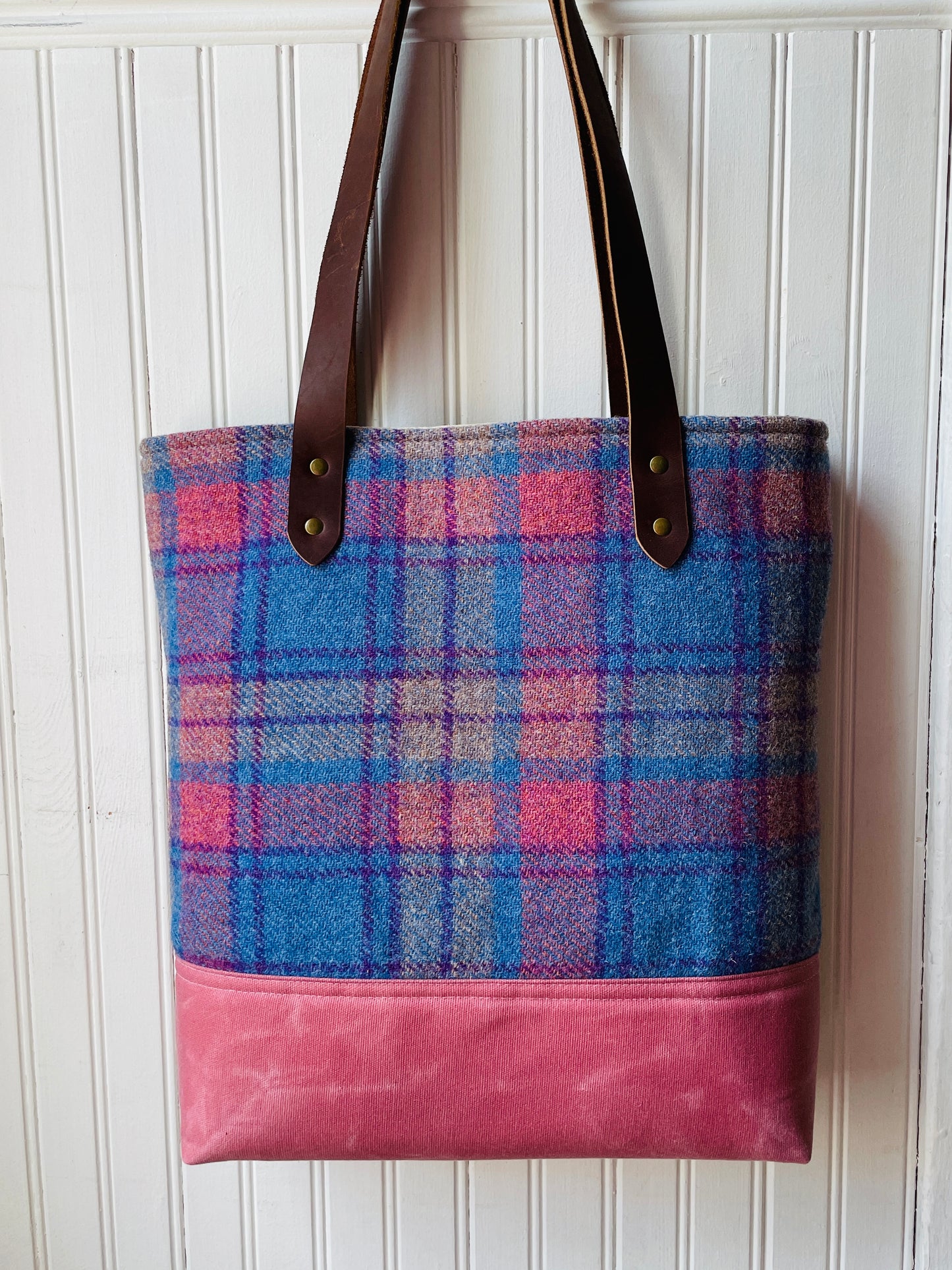 Large Harris Tweed Tote, Blue and Pink Check