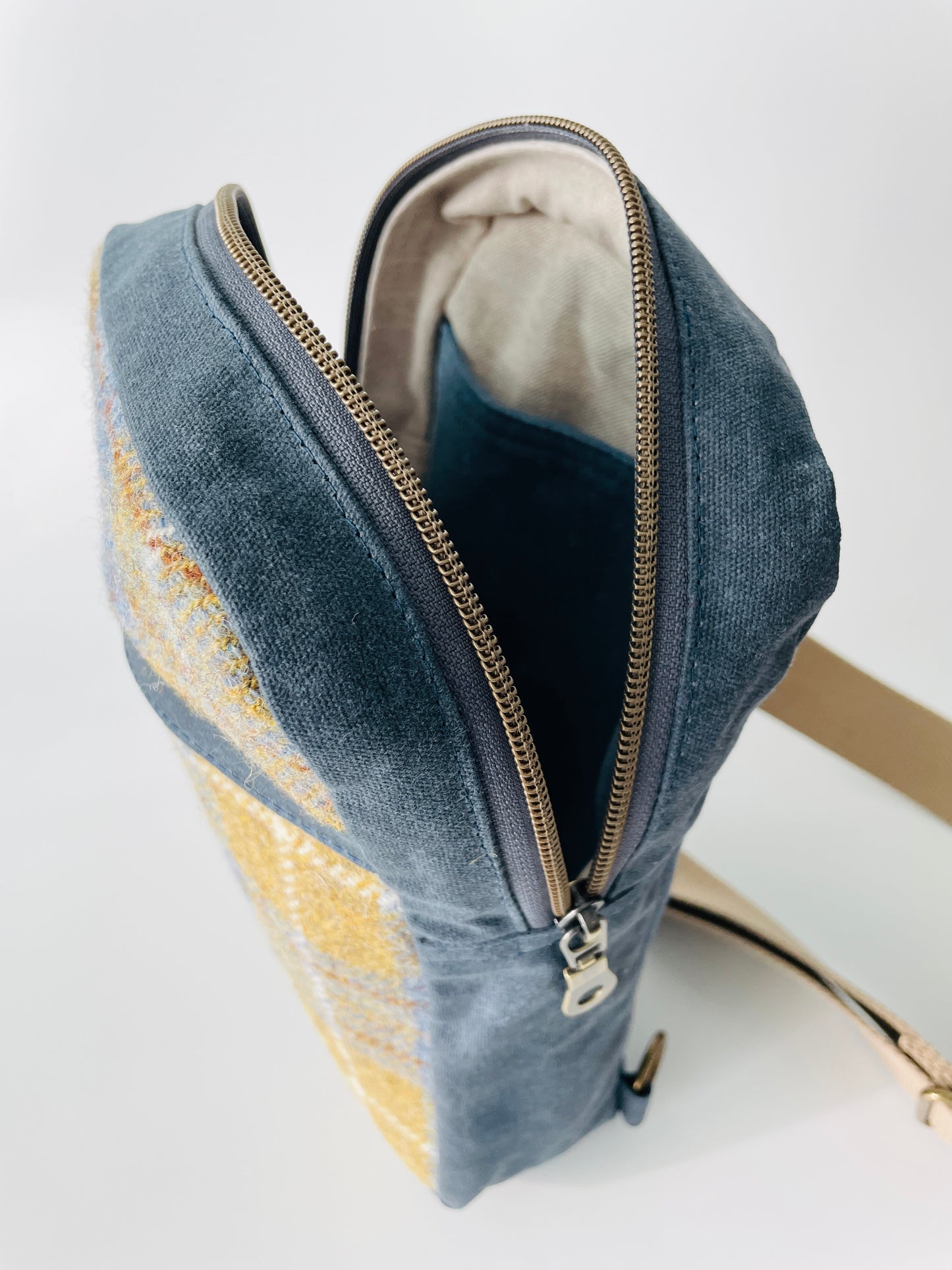 Harris Tweed Sling Backpack, Denim and Mustard