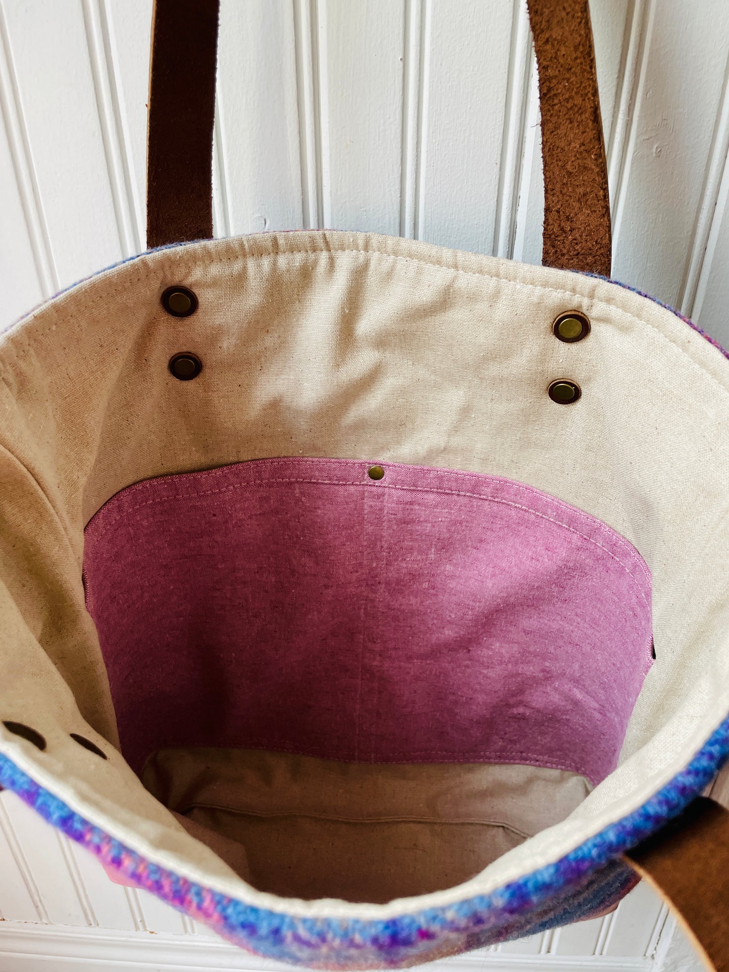 Large Harris Tweed Tote, Blue and Pink Check