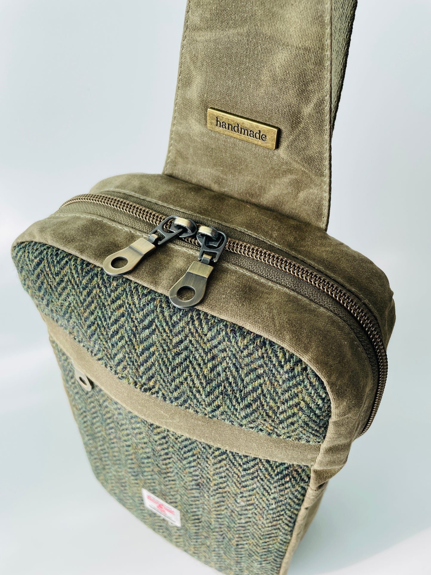 Harris Tweed Sling Backpack, Hunter Green Herringbone