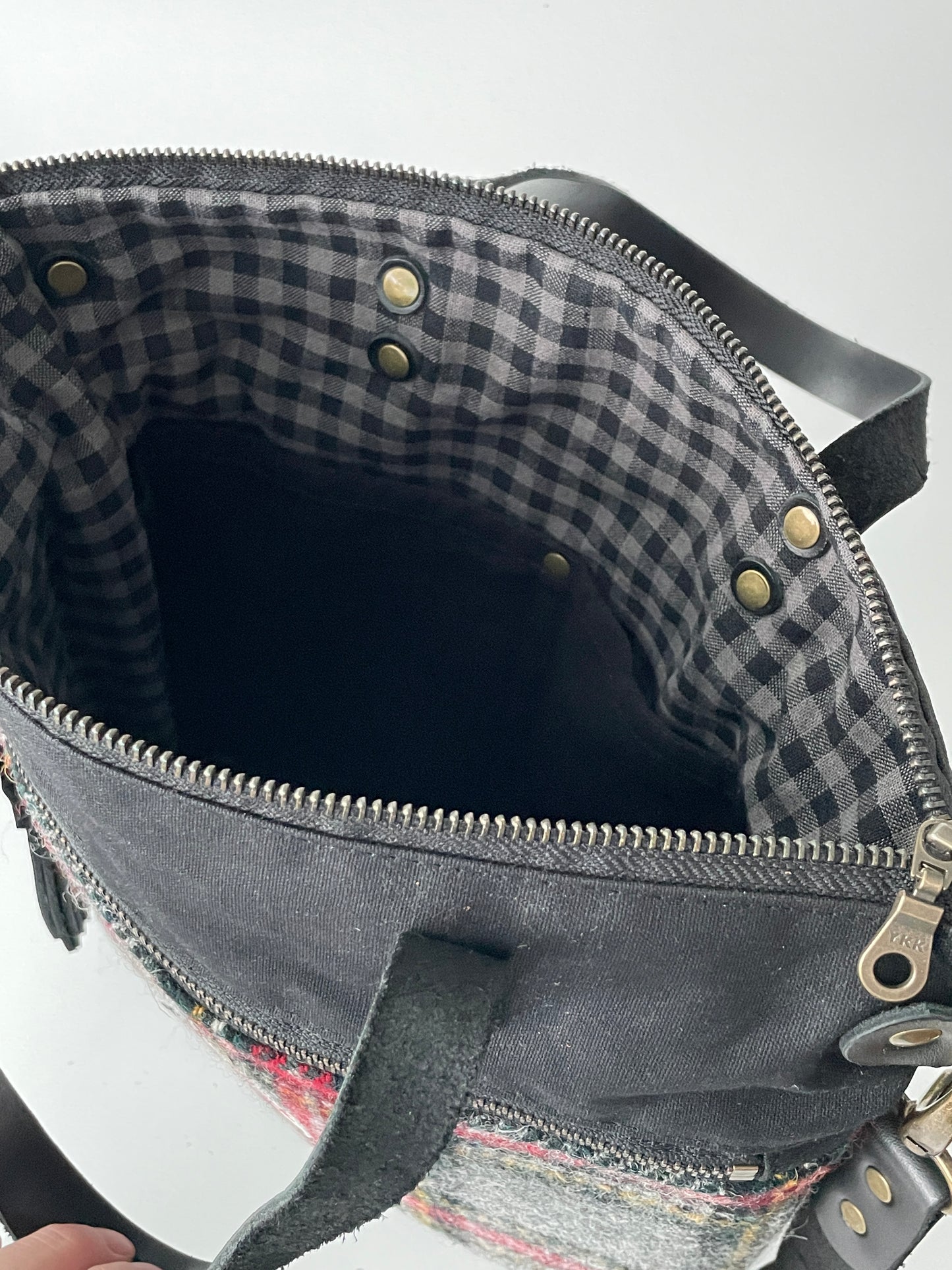 Harris Tweed Crossbody Tote, Black Stewart Tartan