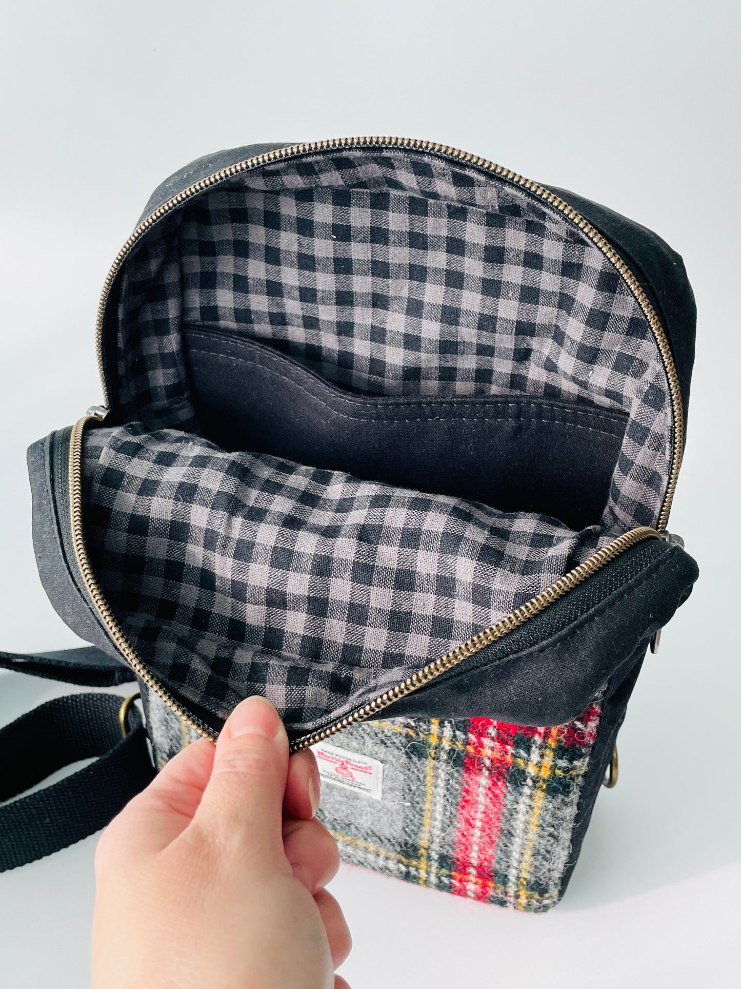 Harris Tweed Sling Backpack, Black Stewart Tartan