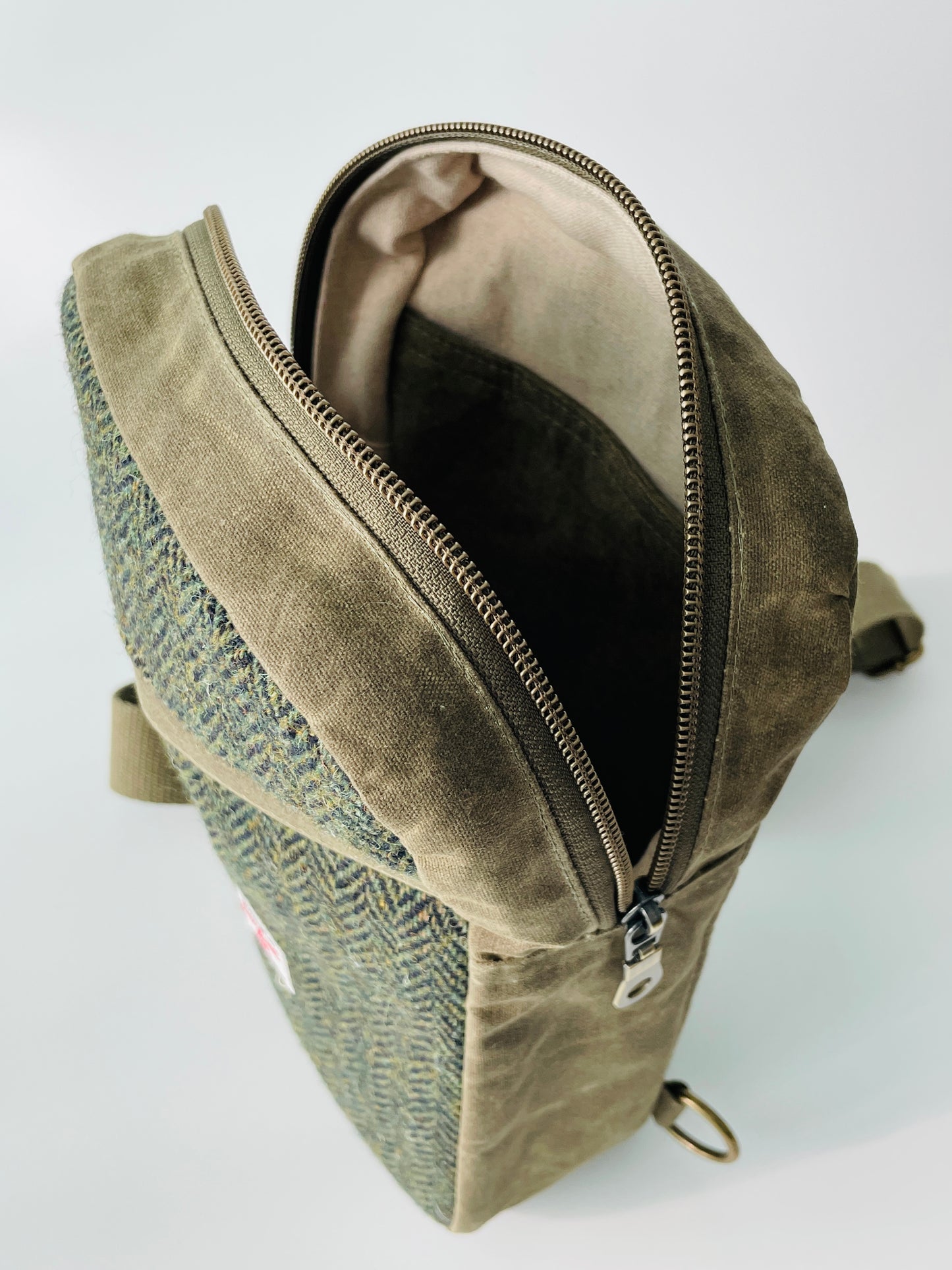Harris Tweed Sling Backpack, Hunter Green Herringbone