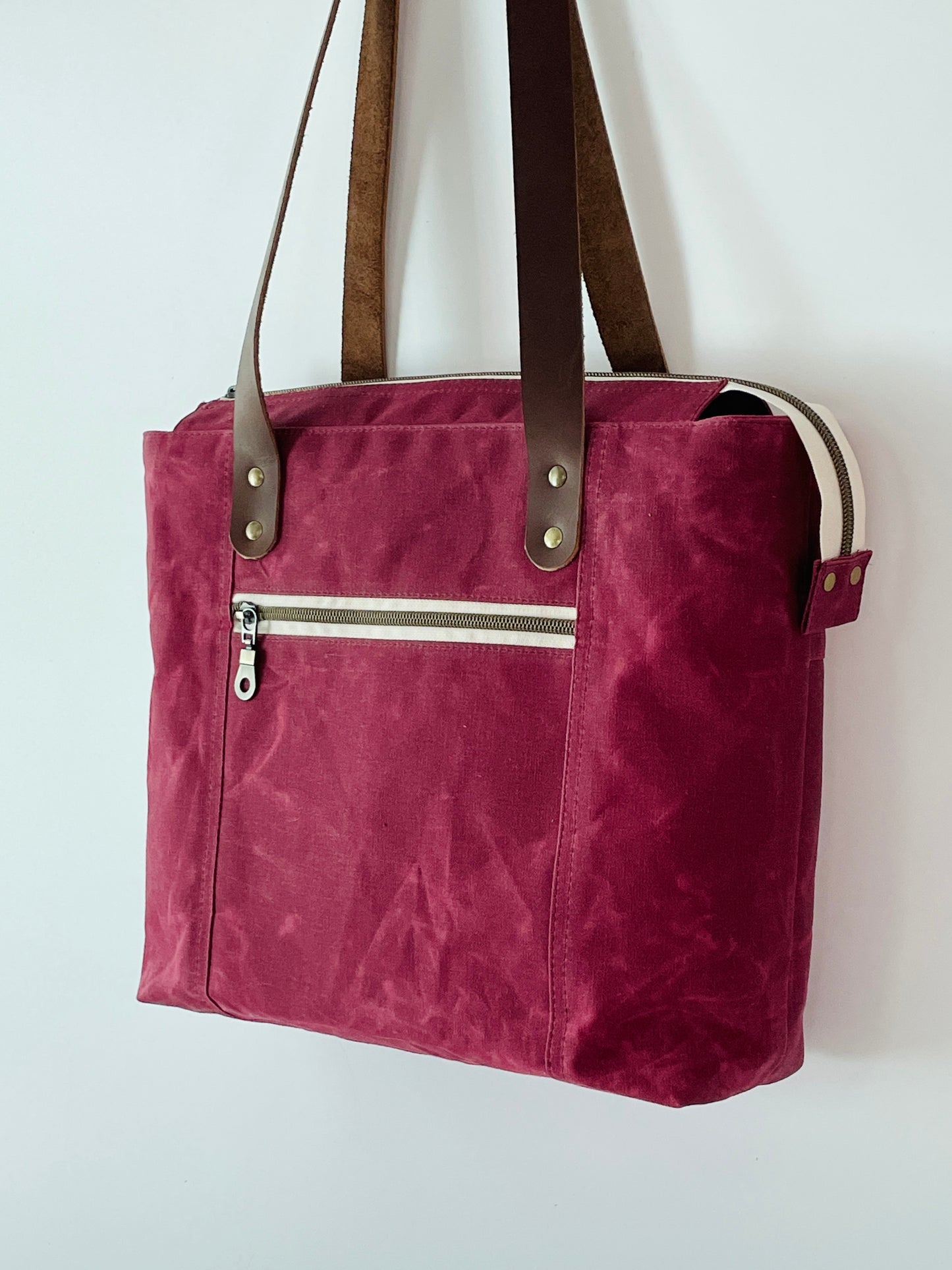 Large Waxed Canvas Zipper Tote, Burgundy