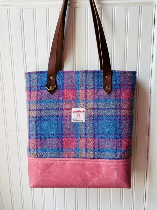 Large Harris Tweed Tote, Blue and Pink Check
