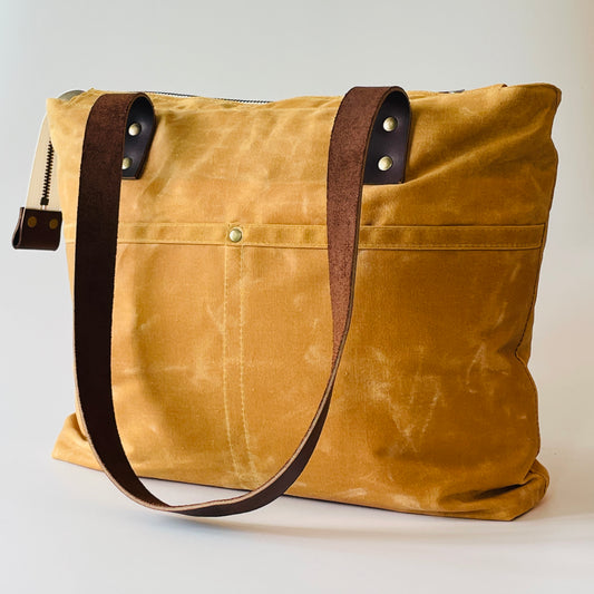 Large Waxed Canvas Zipper Tote, Mustard