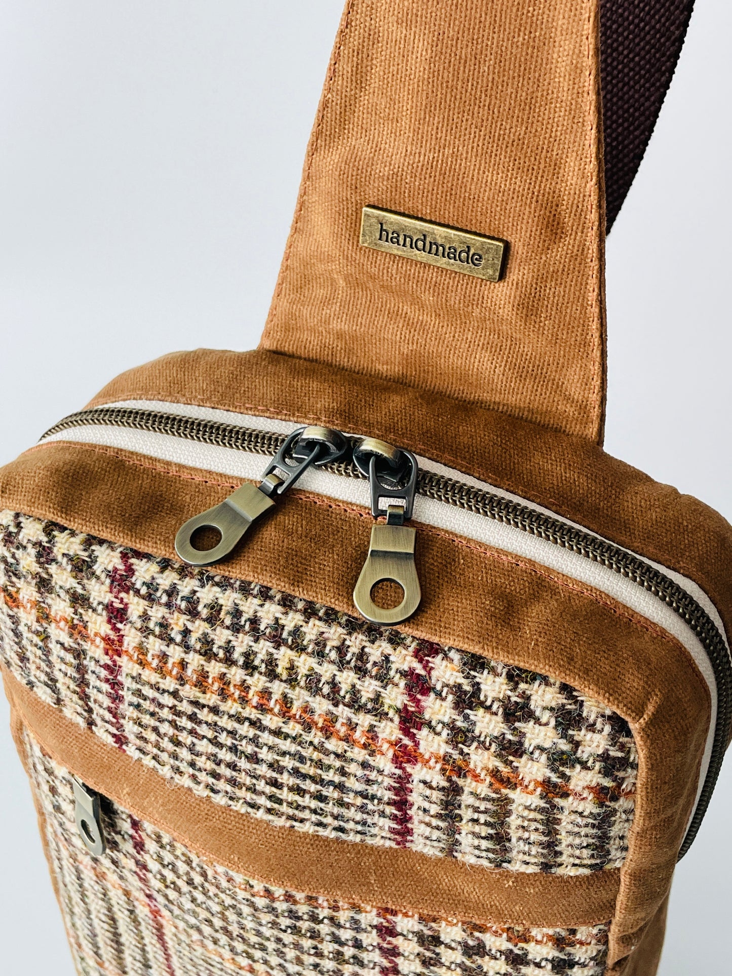 Harris Tweed Sling Backpack, Brown and Beige Check