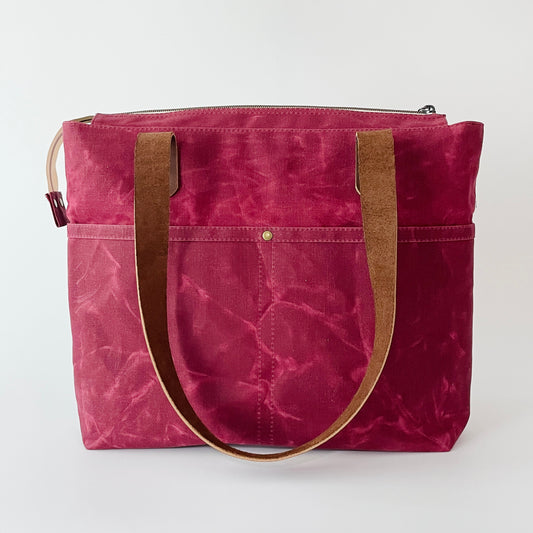 Large Waxed Canvas Zipper Tote, Burgundy