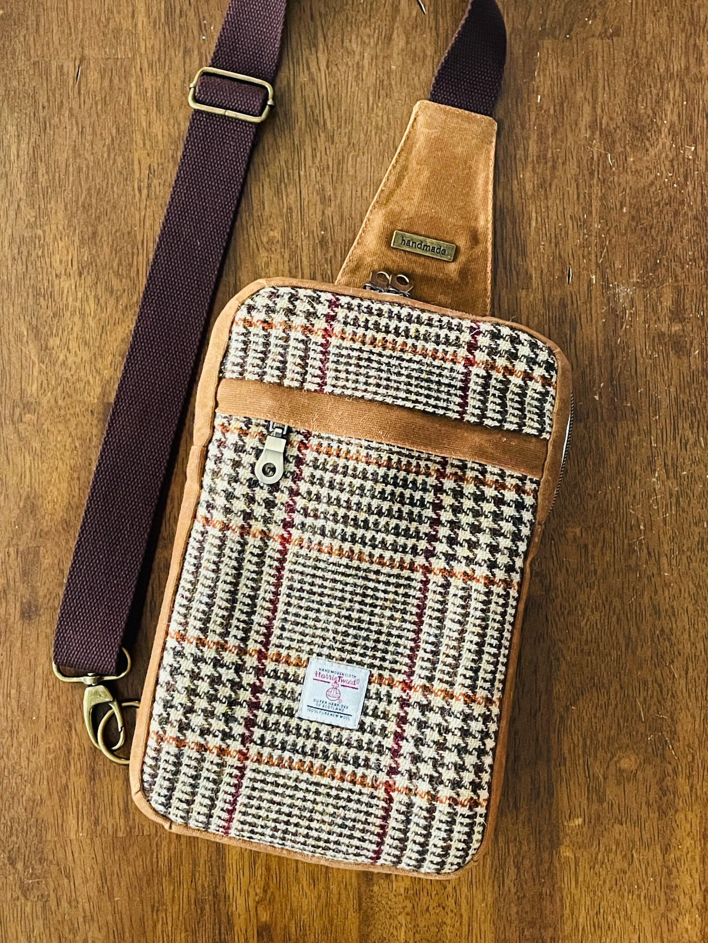 Harris Tweed Sling Backpack, Brown and Beige Check