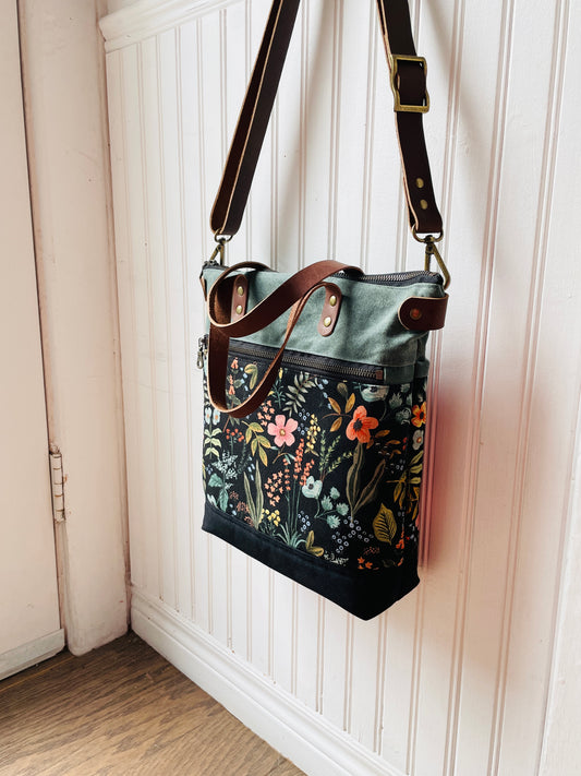 Waxed Canvas Crossbody Tote, Herb Garden